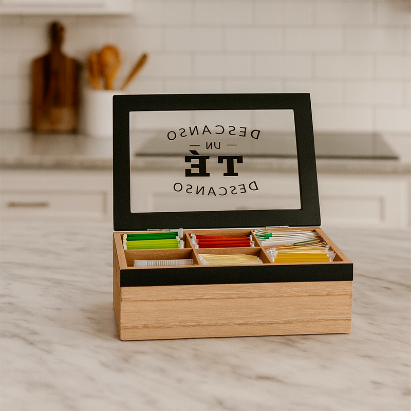 Caja organizador de Té de madera y vidrio 6 compartimentos