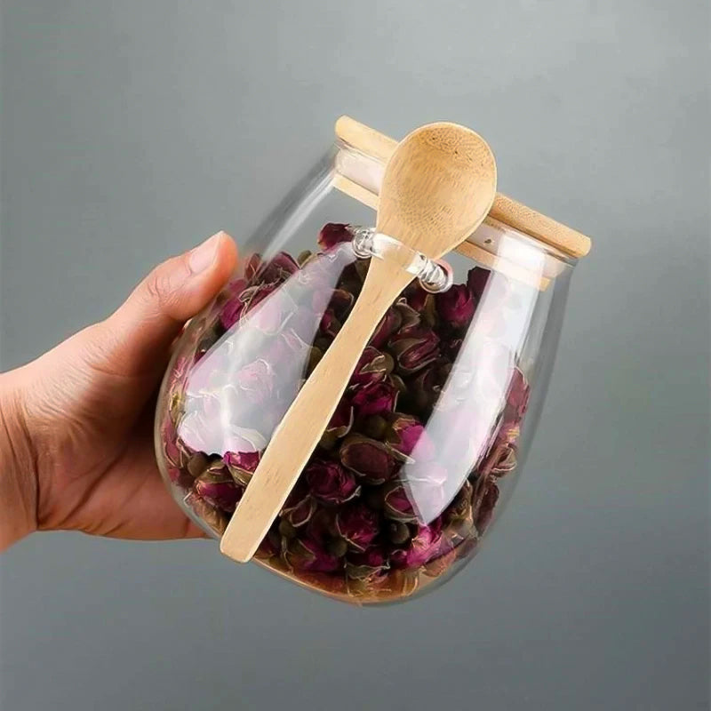 Frasco de Vidrio con Tapa de Bambú y Cuchara