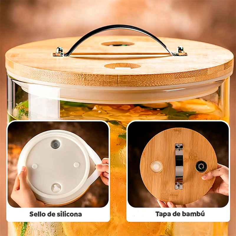 Dispensador de vidrio con base de bambú - 8 litros