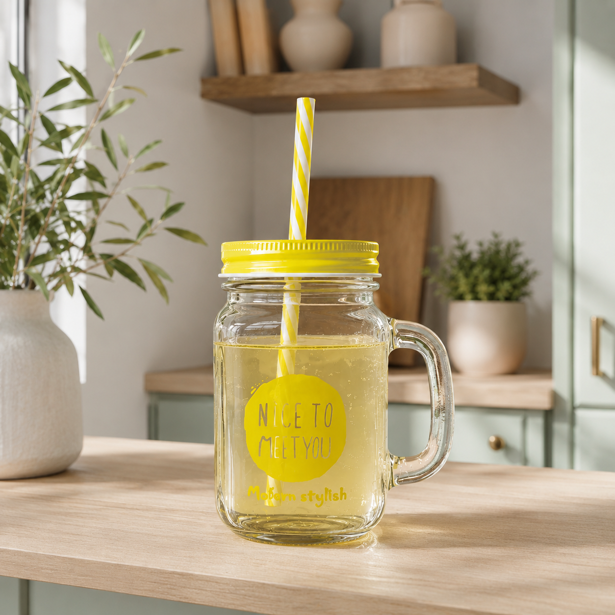 Vaso mason jar de vidrio con tapa y sorbete