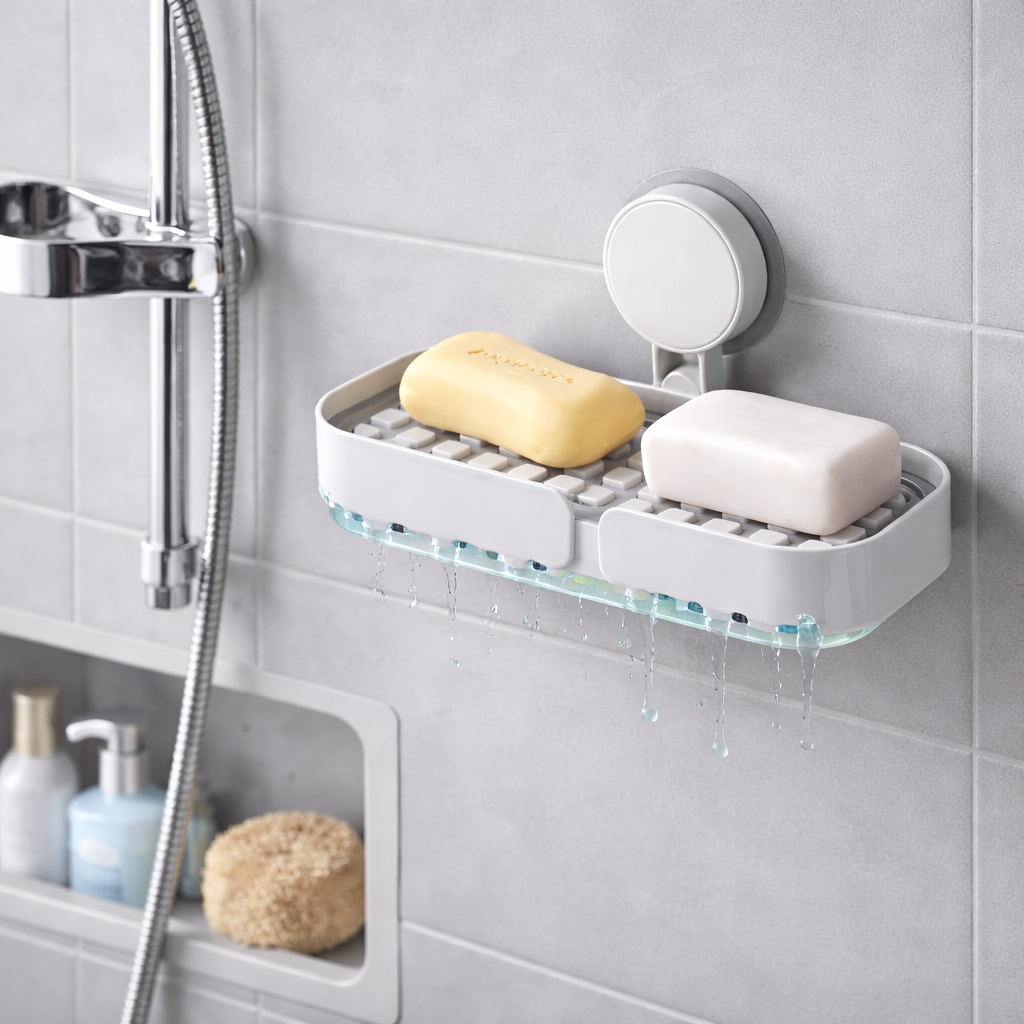 Porta jabón de pared con sistema de drenaje inteligente