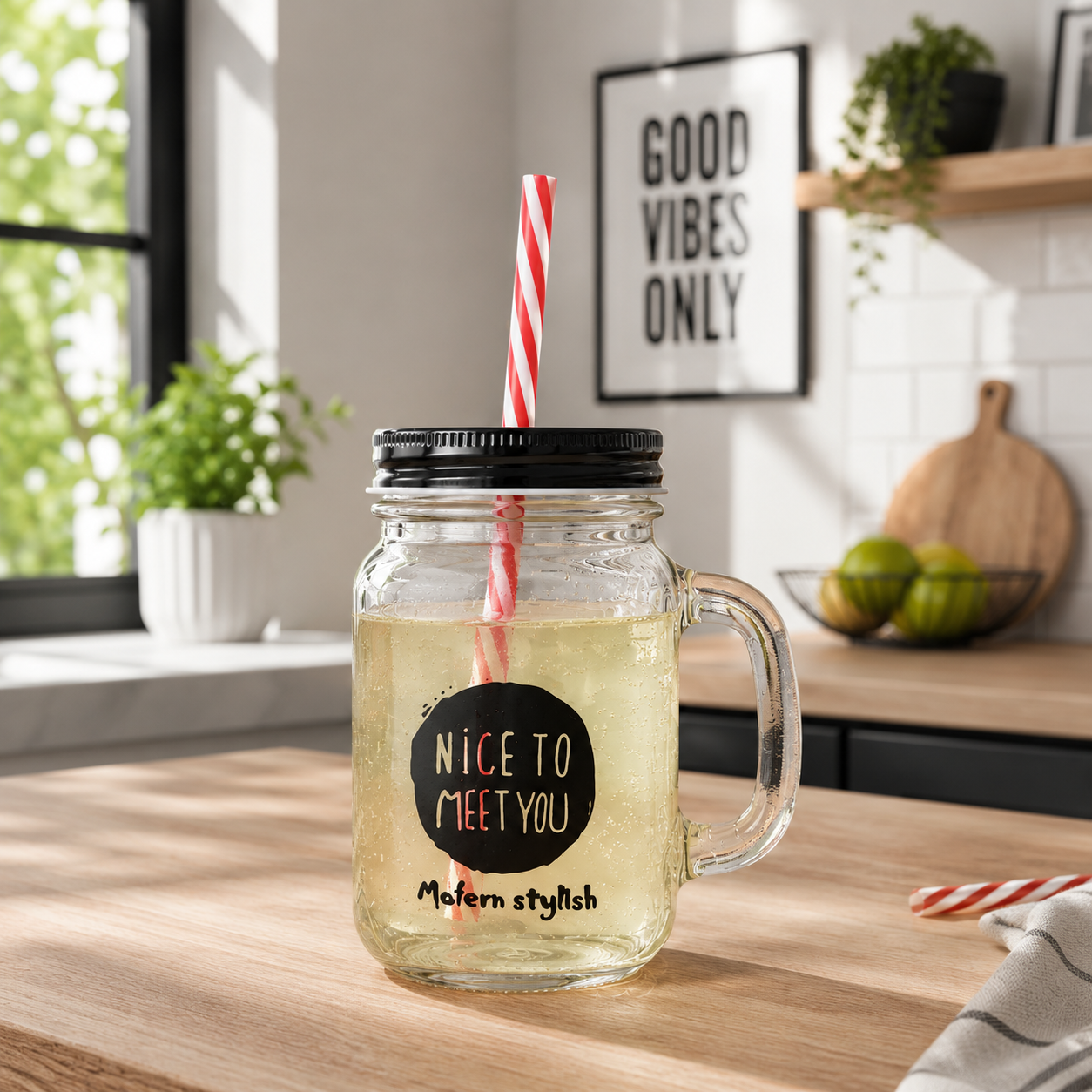 Vaso mason jar de vidrio con tapa y sorbete