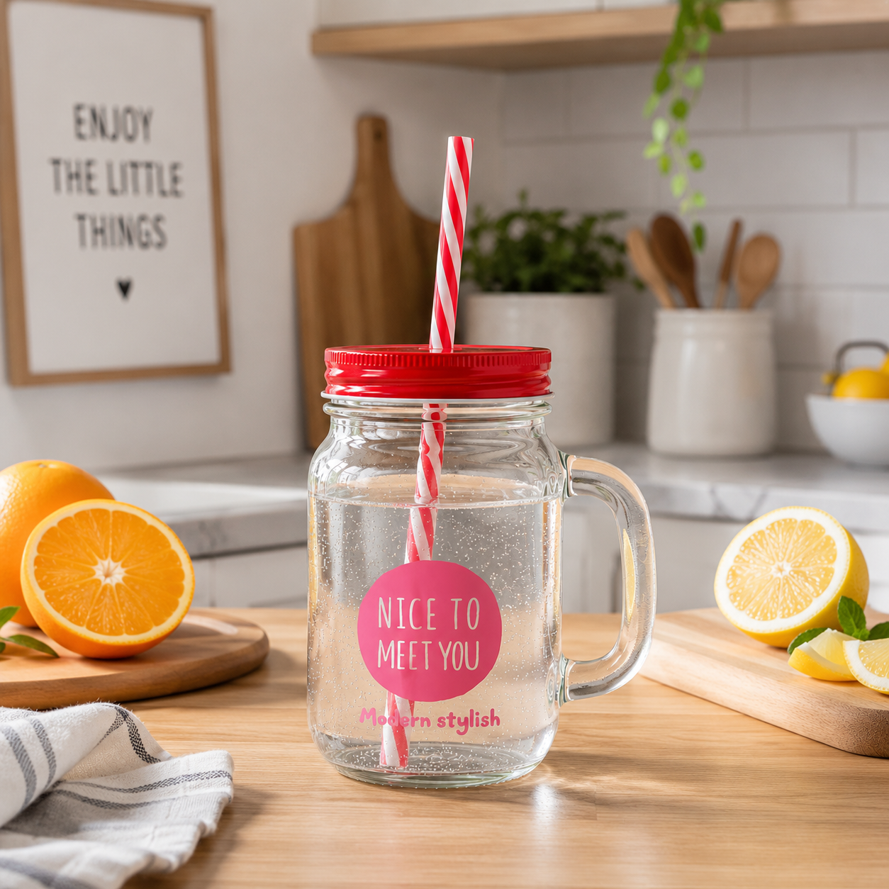 Vaso mason jar de vidrio con tapa y sorbete