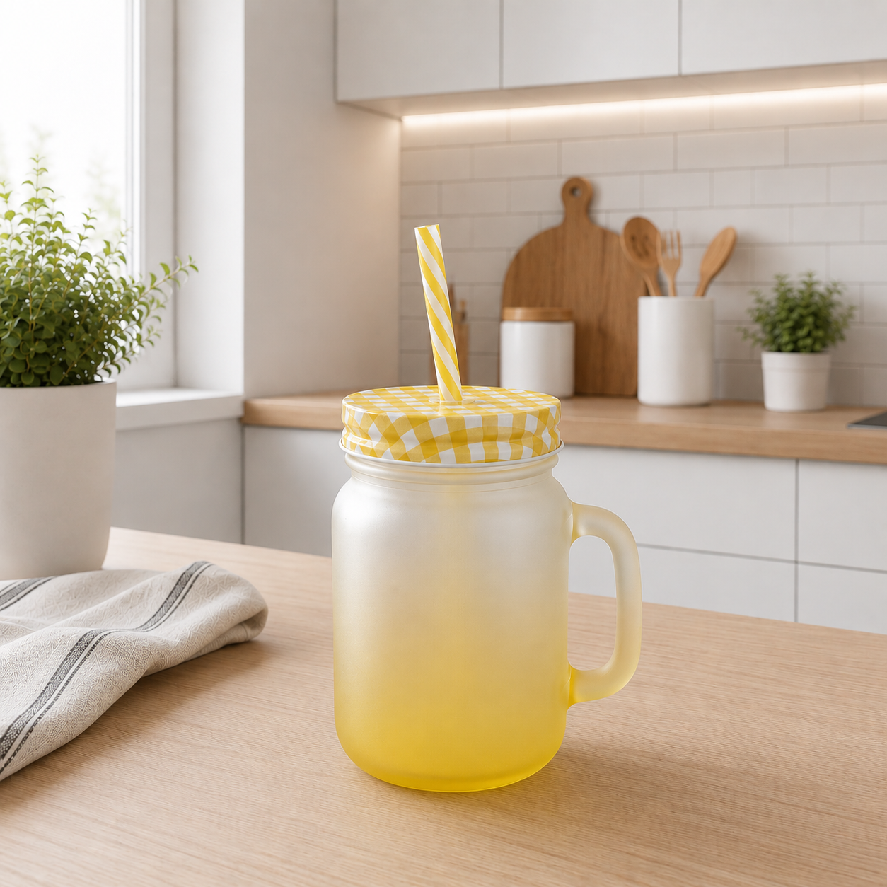 Vaso Mug de Vidrio Esmerilado con tapa y Cañita