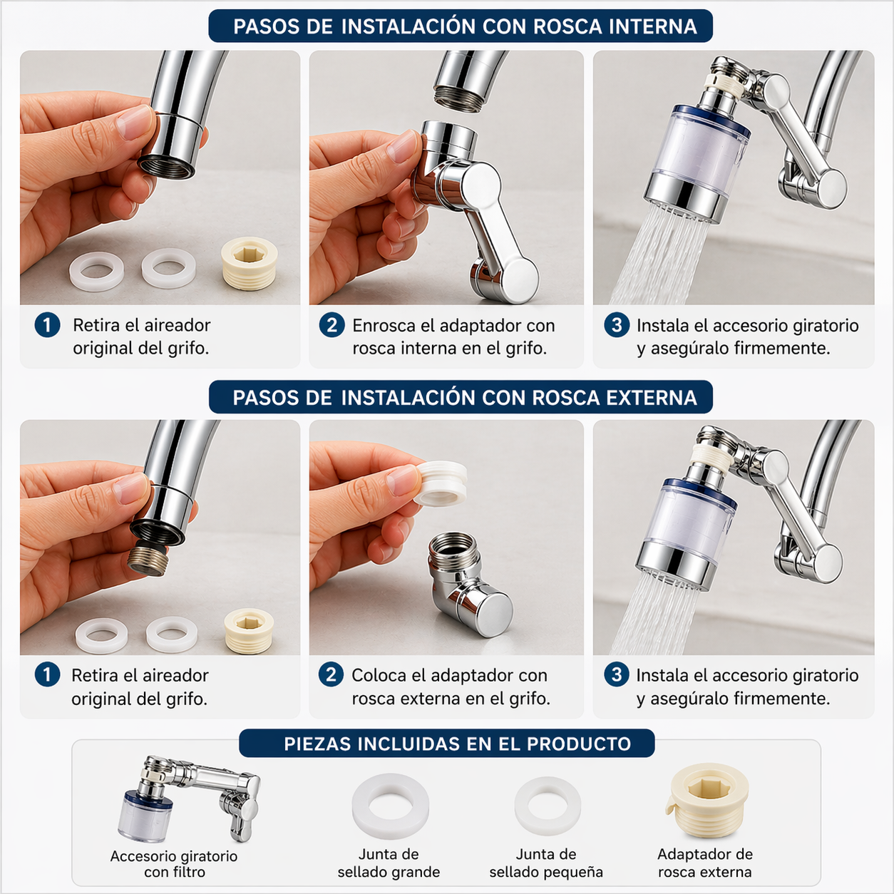 Adaptador Giratorio 1080° para Grifo con Filtro de Agua