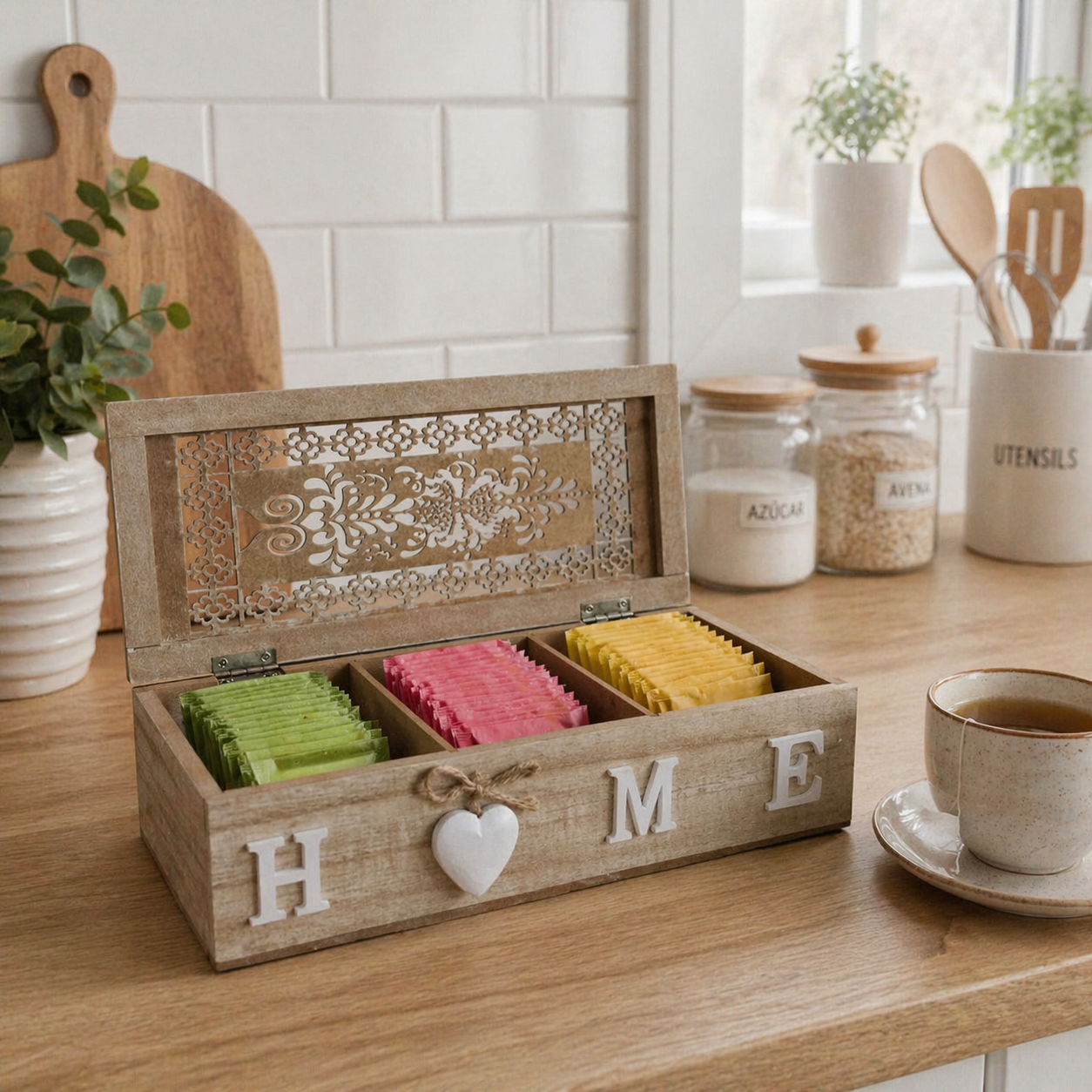 Caja Organizadora de Té “HOME” de Madera 3 espacios