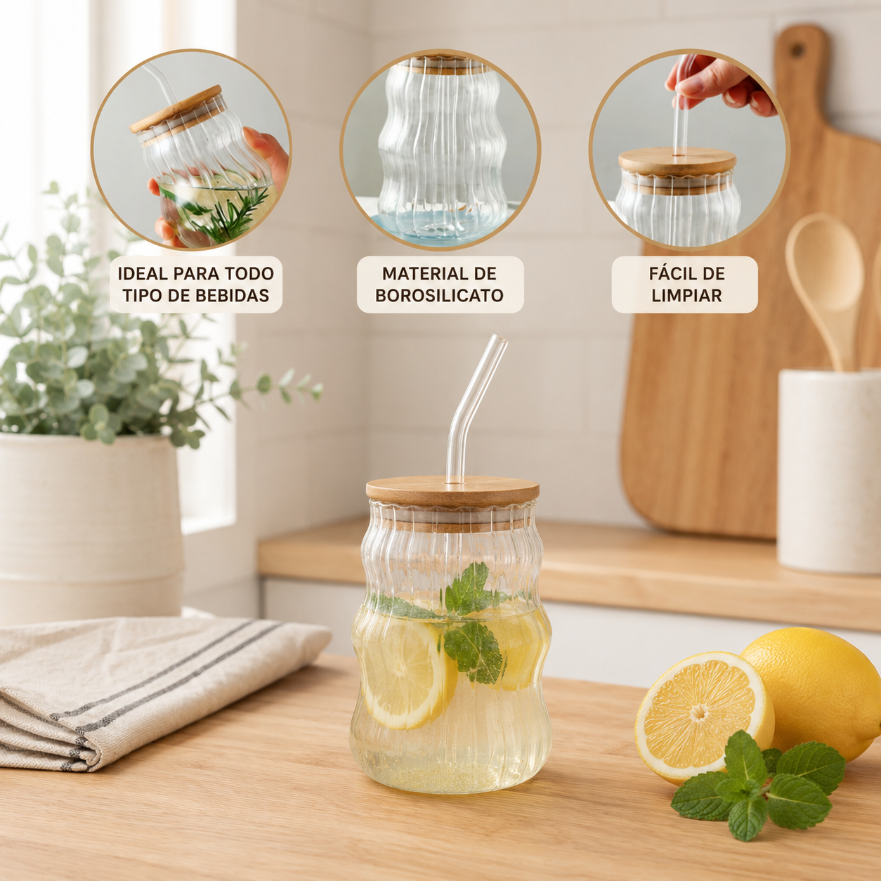 Vaso de Vidrio Borosilicato con tapa de bambú y sorbete 500ml