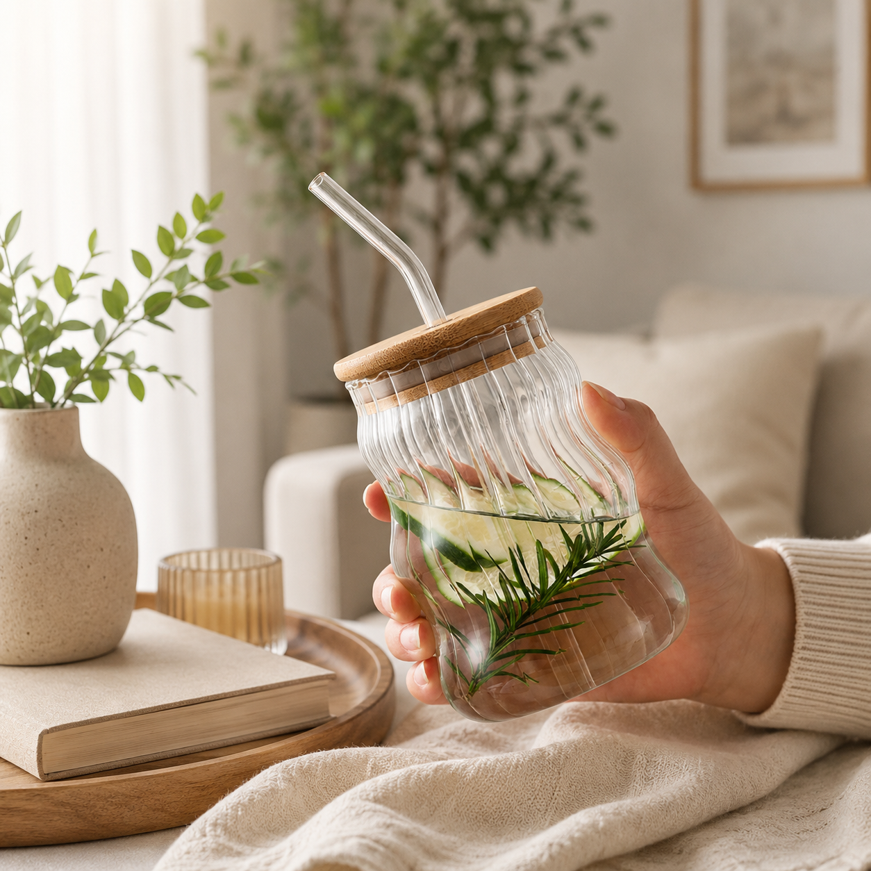 Vaso de Vidrio Borosilicato con tapa de bambú y sorbete 500ml