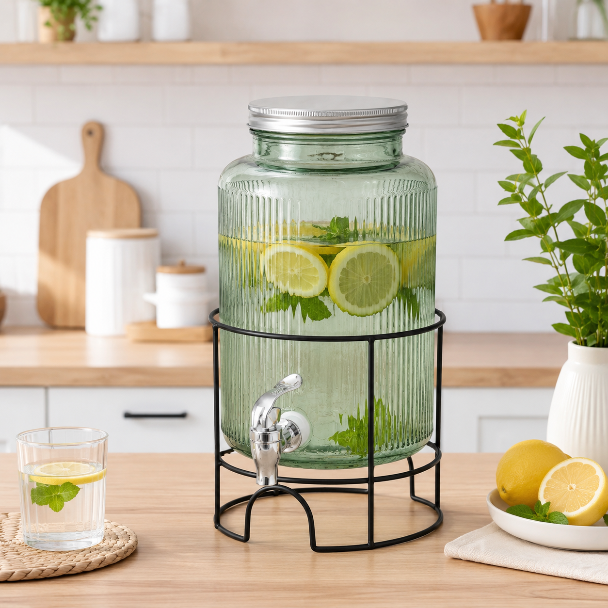 Dispensador de Bebidas de Vidrio con Base Metálica 5.5L