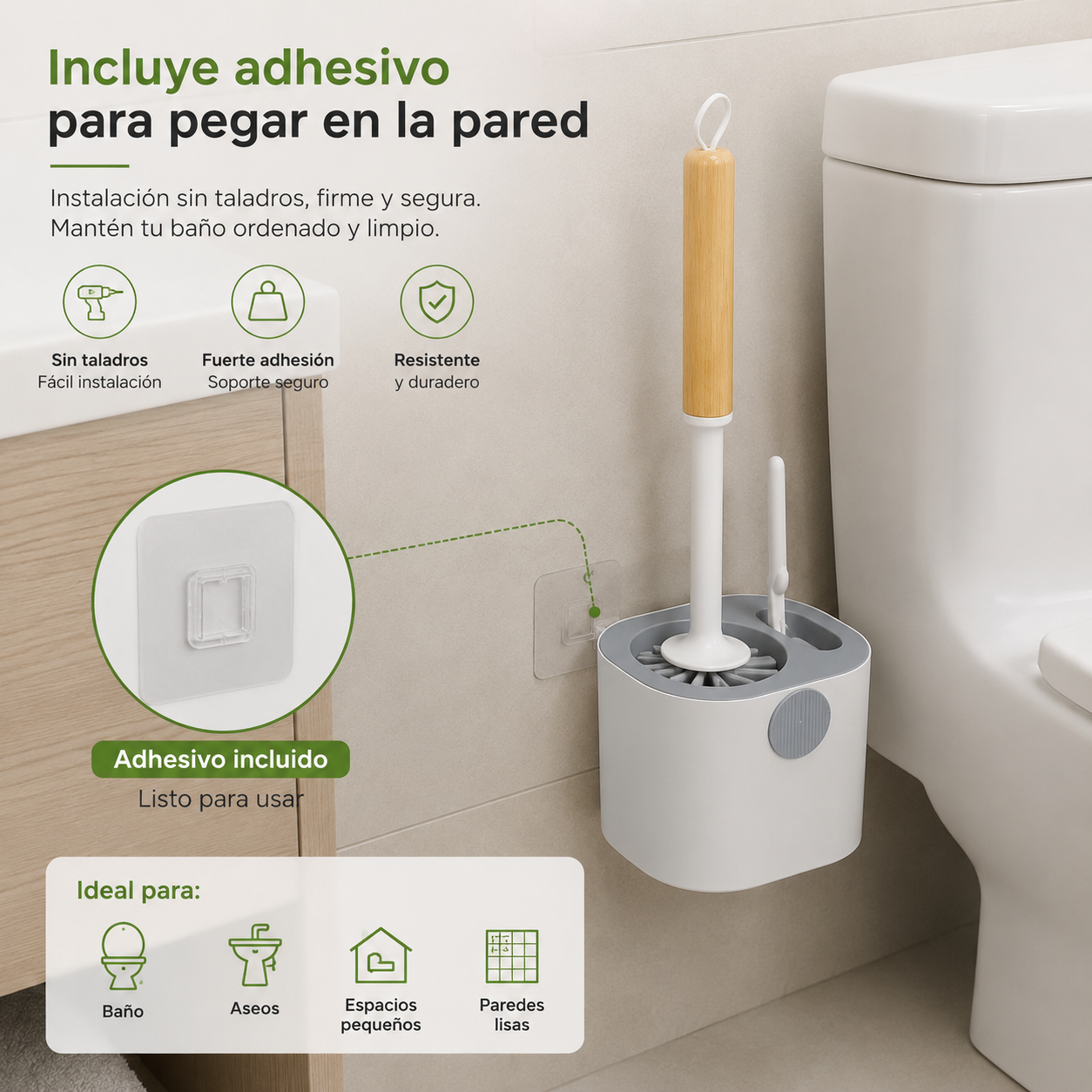 Escobilla para Inodoro con Base Colgante y Adhesivo de Pared