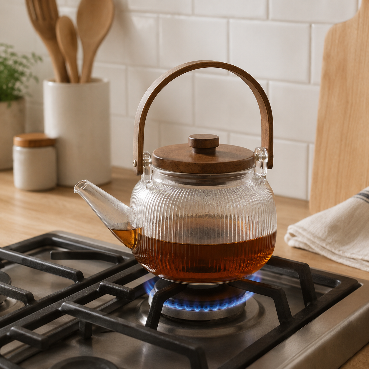 Tetera de Vidrio Acanalado con Asa de Madera
