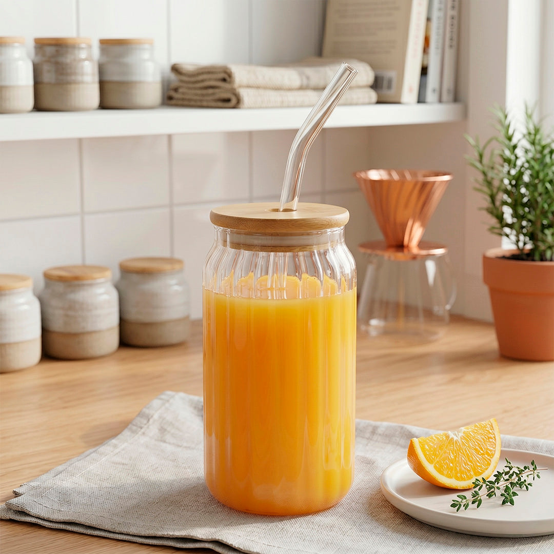 Vaso de Vidrio Estriado con Tapa de Bambú