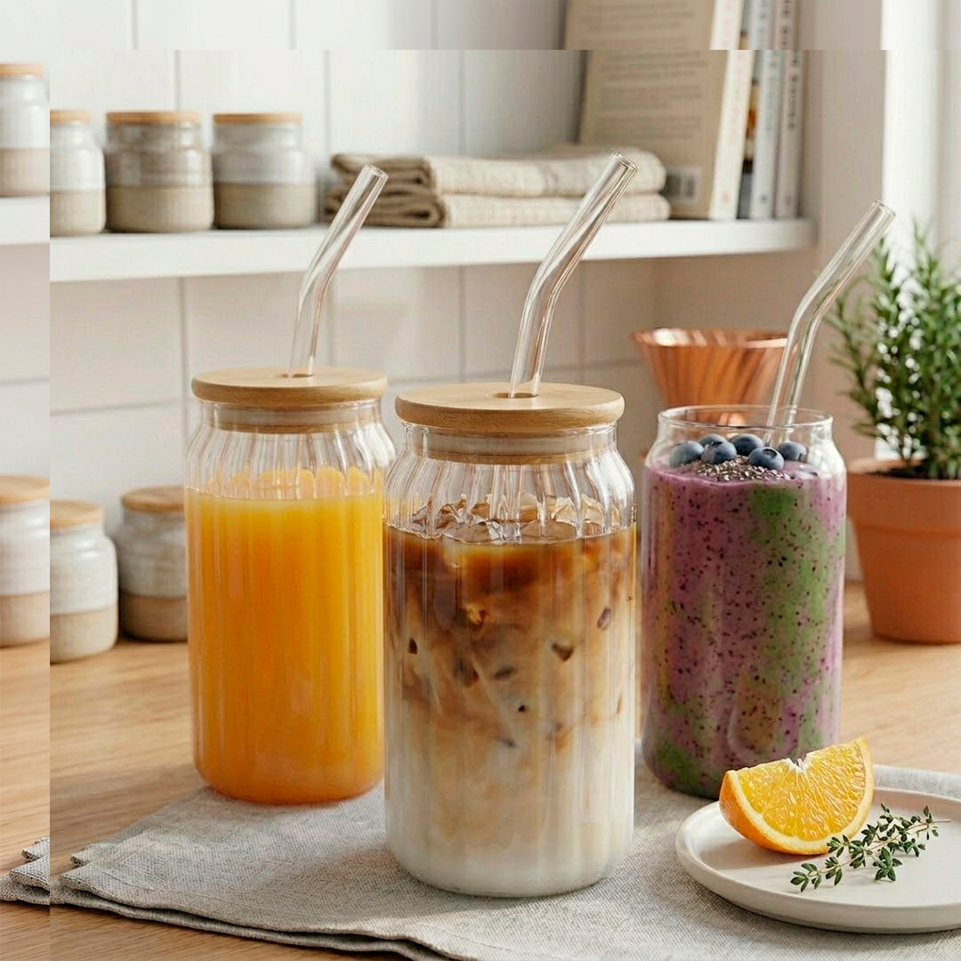 Vaso de Vidrio Estriado con Tapa de Bambú