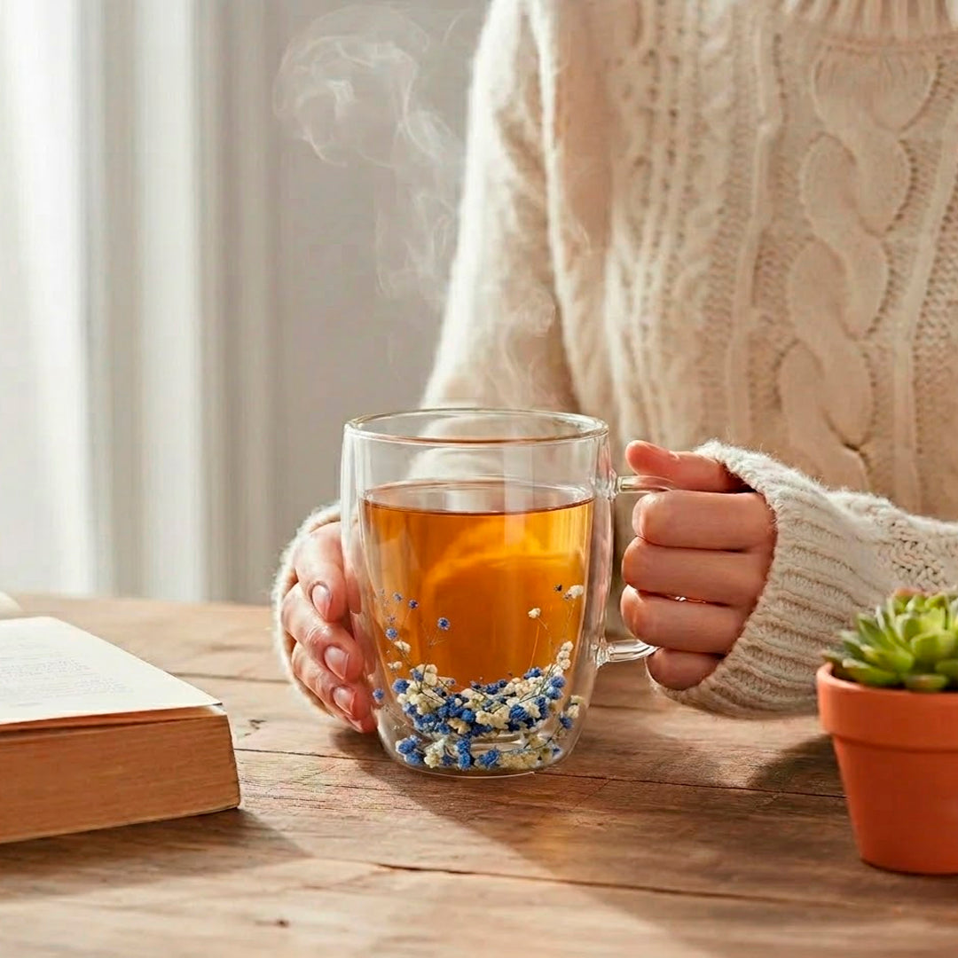 Taza de Vidrio Doble Pared con Flores