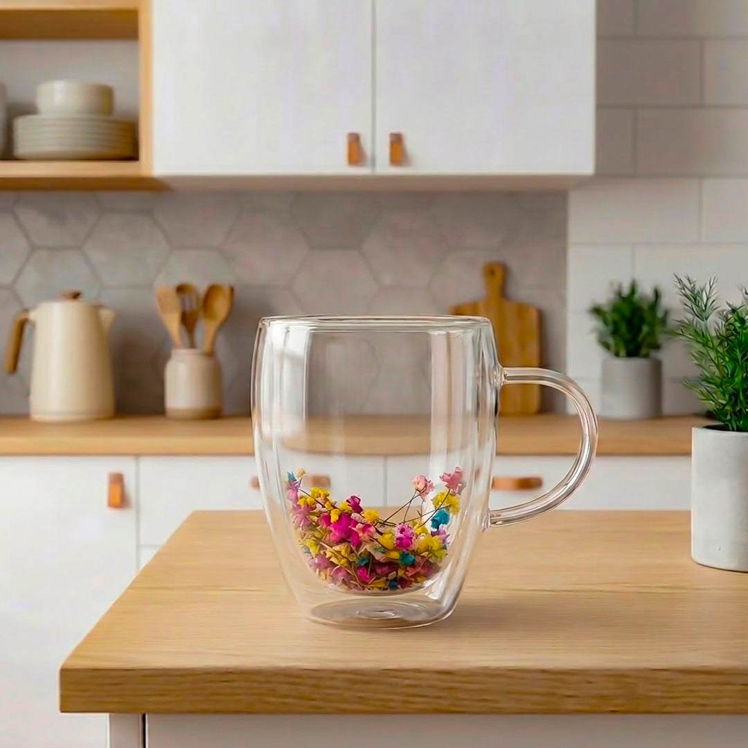 Taza de Vidrio Doble Pared con Flores