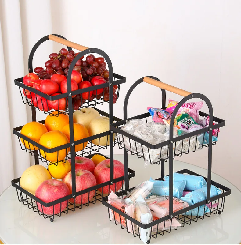 Frutero de 3 niveles con asa de madera