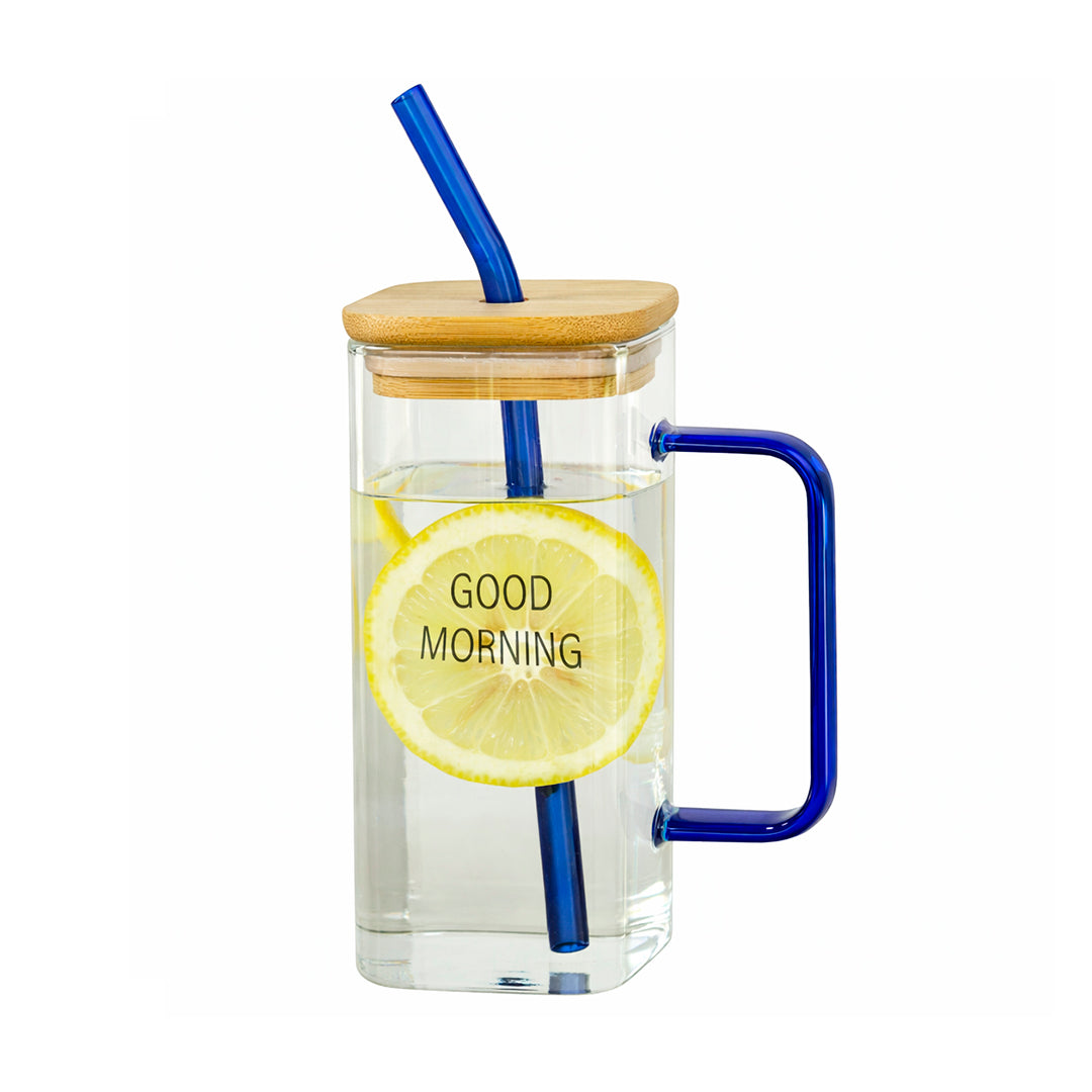 Taza de vidrio con tapa de Bambú y Sorbete