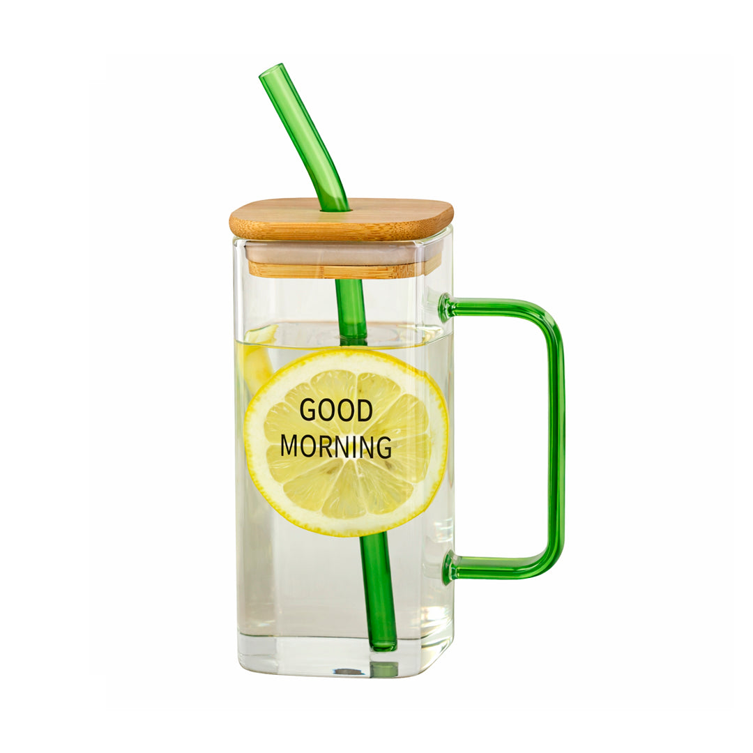 Taza de vidrio con tapa de Bambú y Sorbete