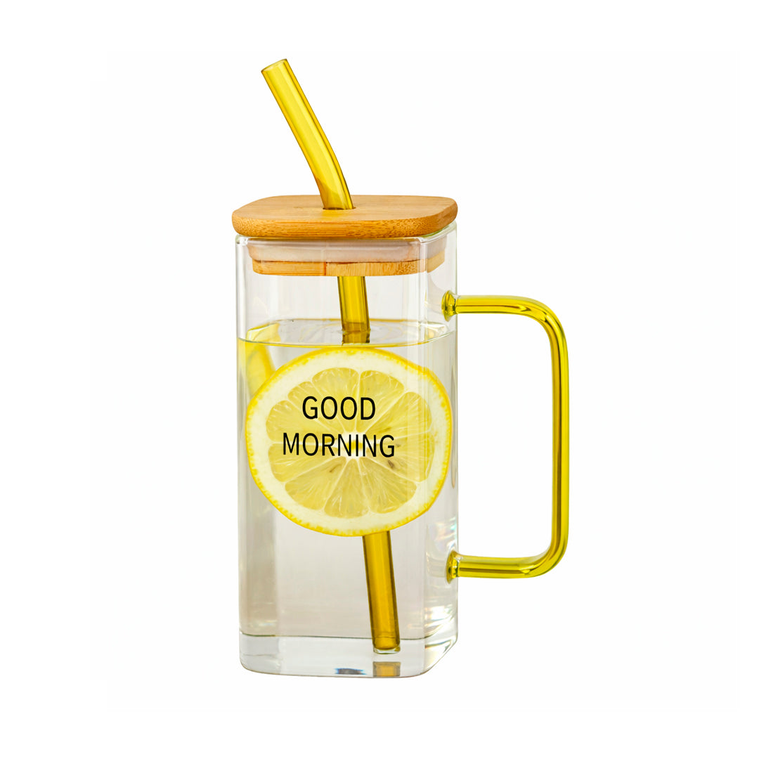 Taza de vidrio con tapa de Bambú y Sorbete