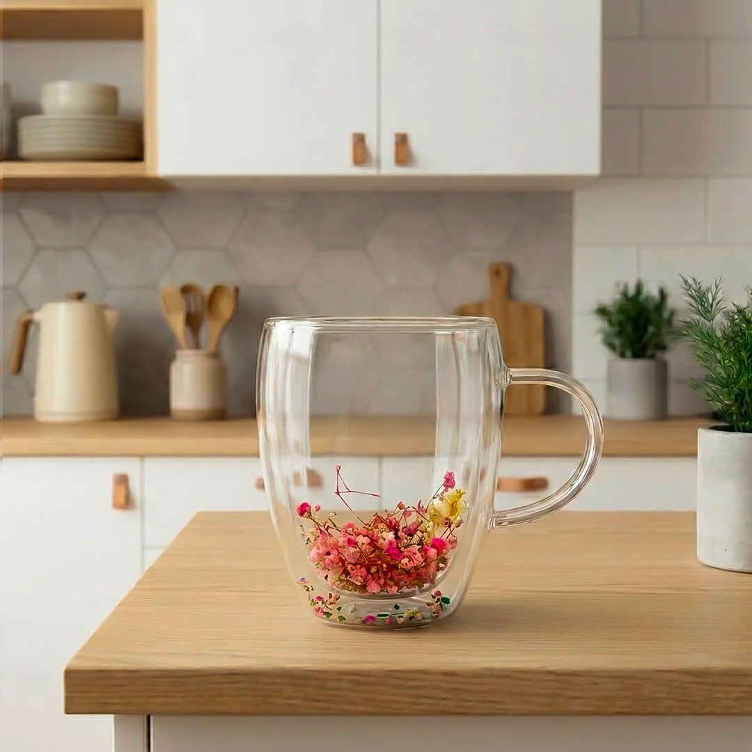 Taza de Vidrio Doble Pared con Flores