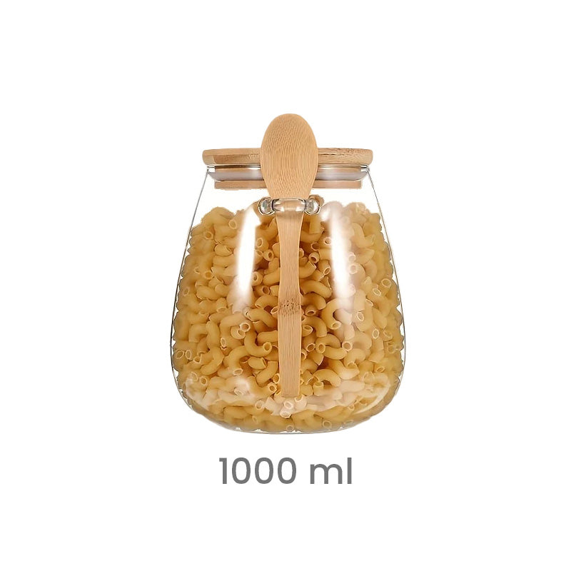 Frasco de Vidrio con Tapa de Bambú y Cuchara