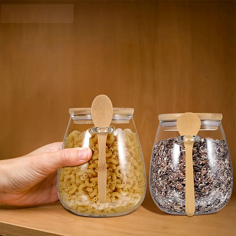 Frasco de Vidrio con Tapa de Bambú y Cuchara