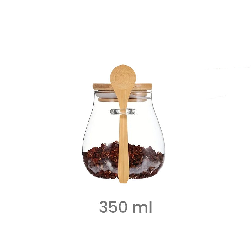 Frasco de Vidrio con Tapa de Bambú y Cuchara