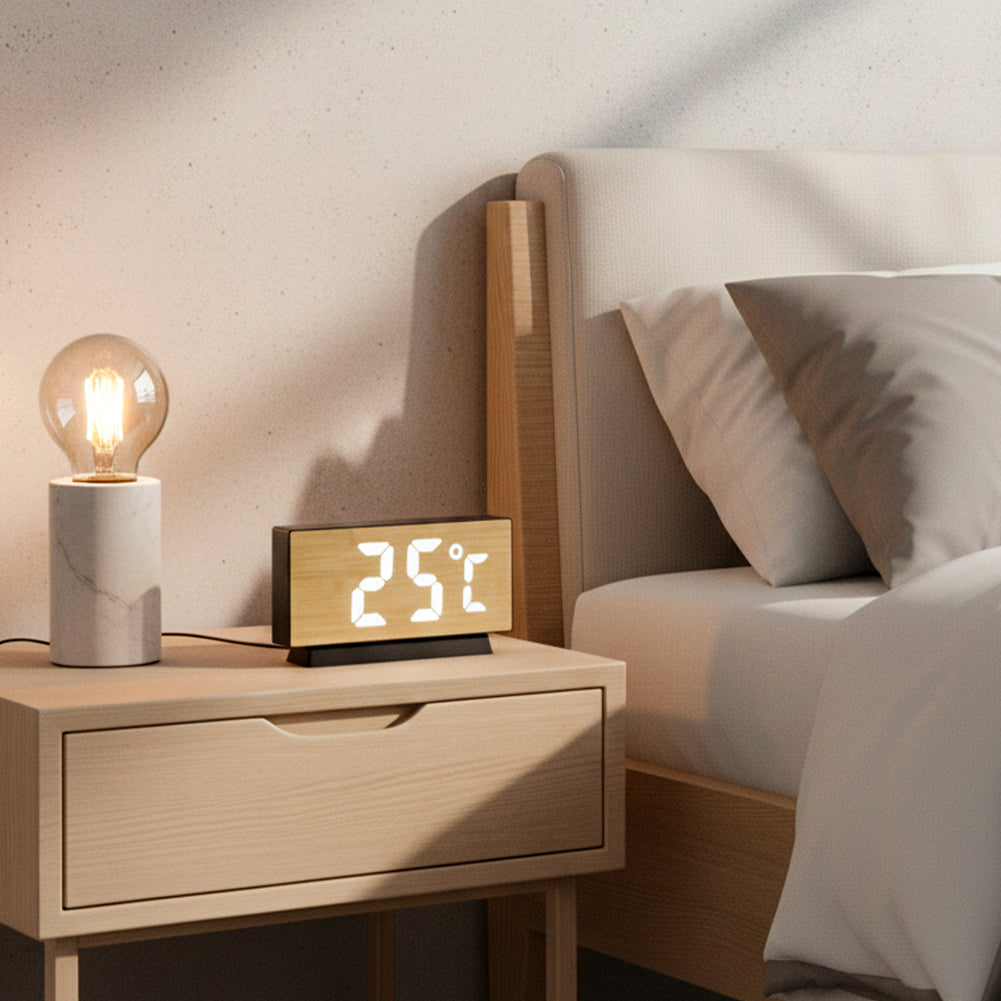 Reloj LED digital acabado en madera