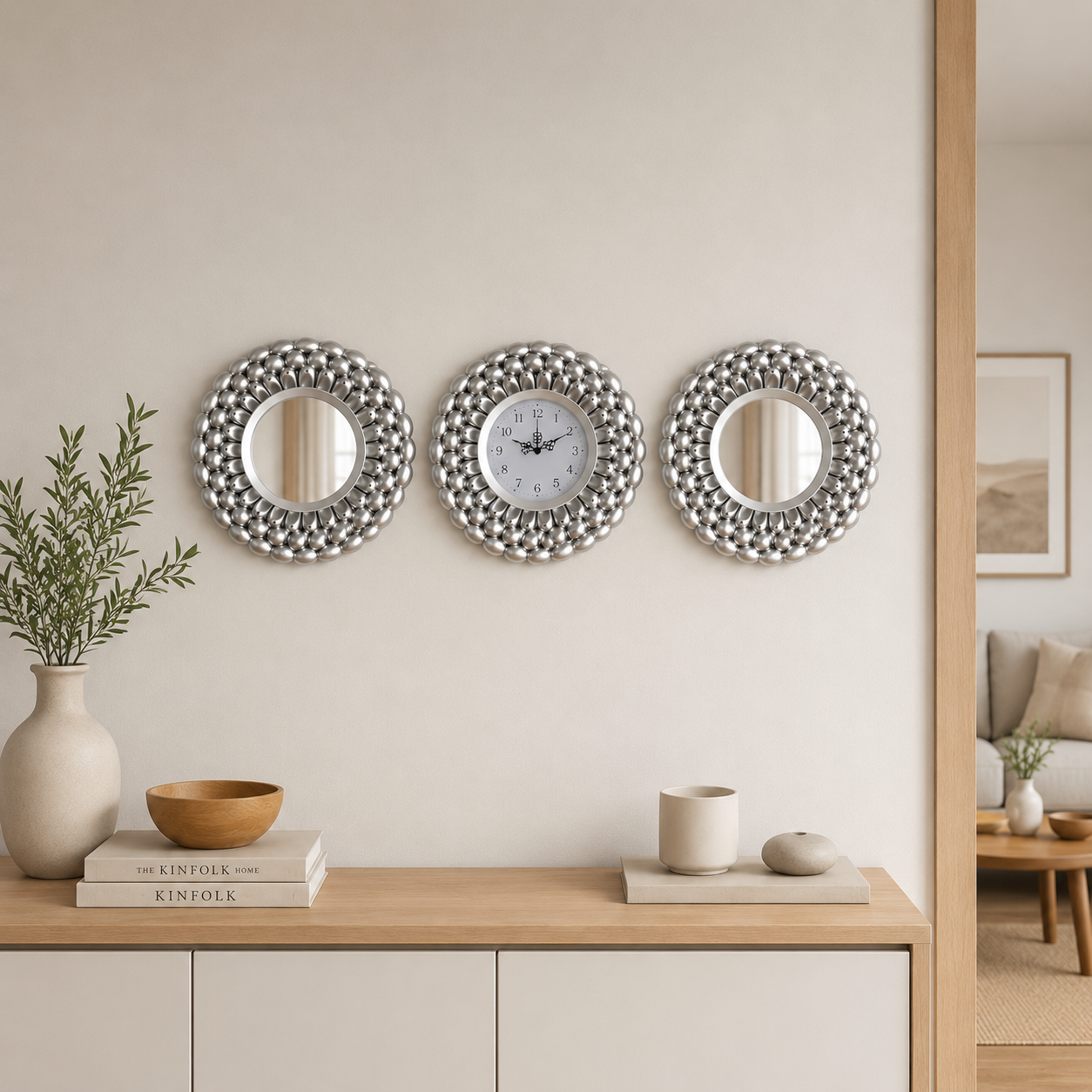 Set Decorativo de Pared con Reloj y Espejos