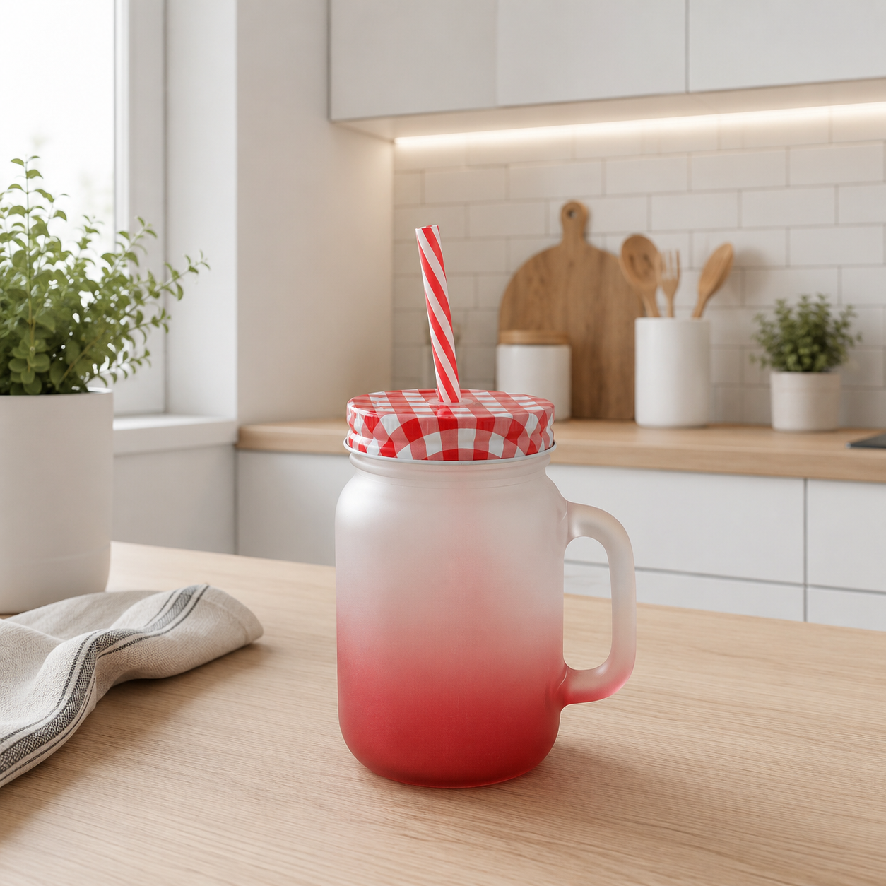 Vaso Mug de Vidrio Esmerilado con tapa y Cañita