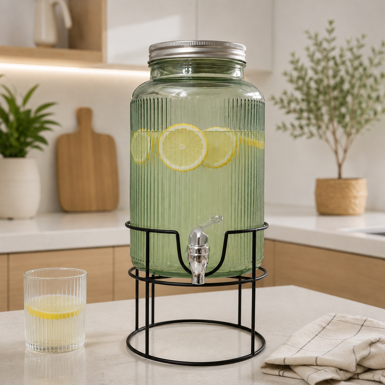 Dispensador de Bebidas de Vidrio con Base Metálica 8L