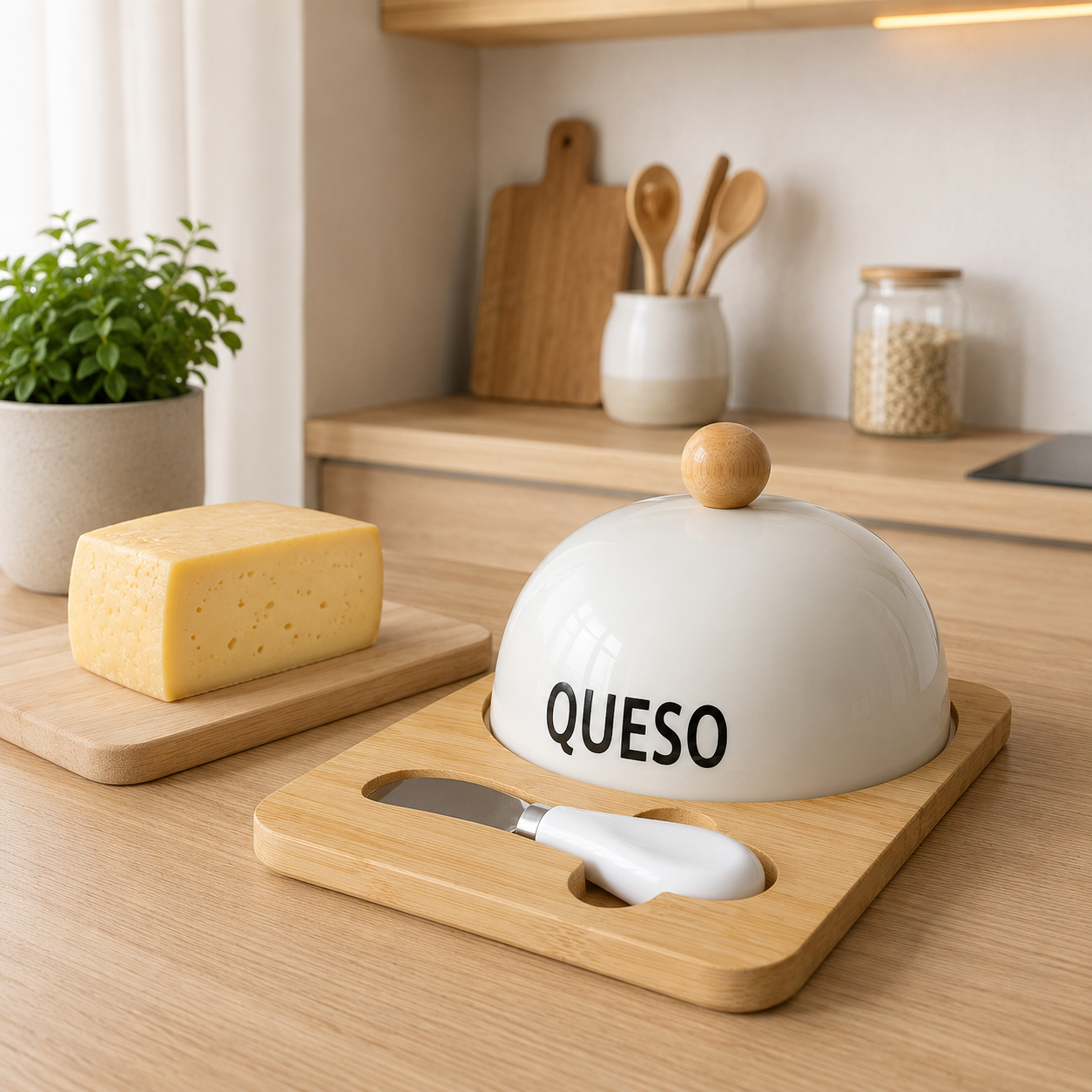 Quesera con Base de Bambú y Cuchillo