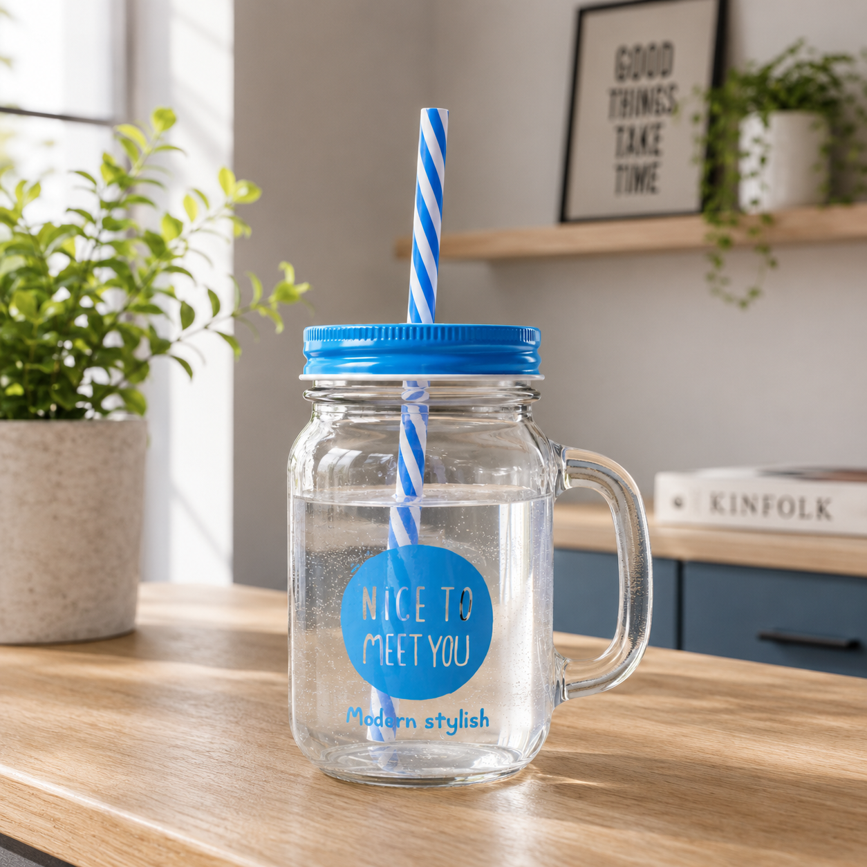 Vaso mason jar de vidrio con tapa y sorbete