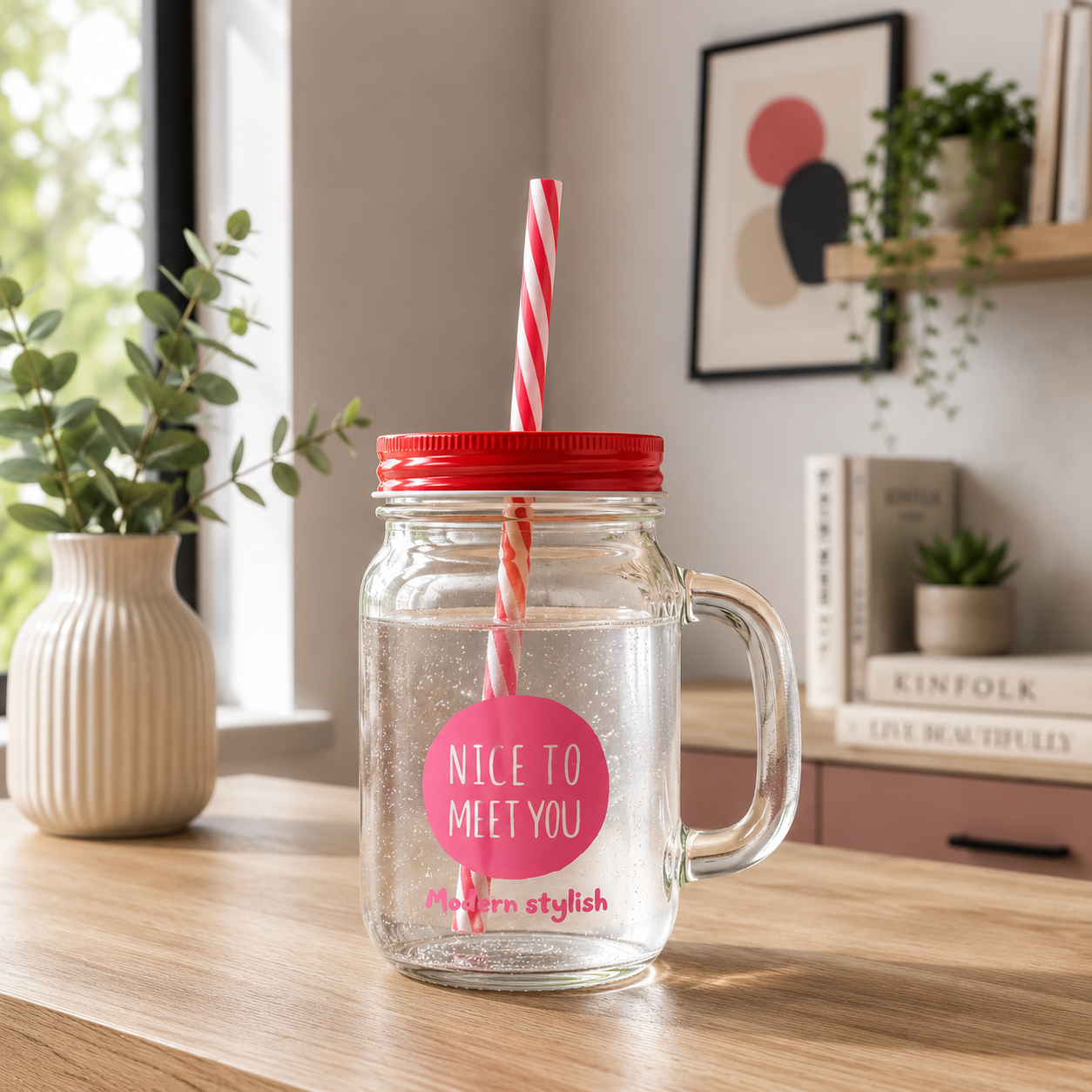 Vaso mason jar de vidrio con tapa y sorbete