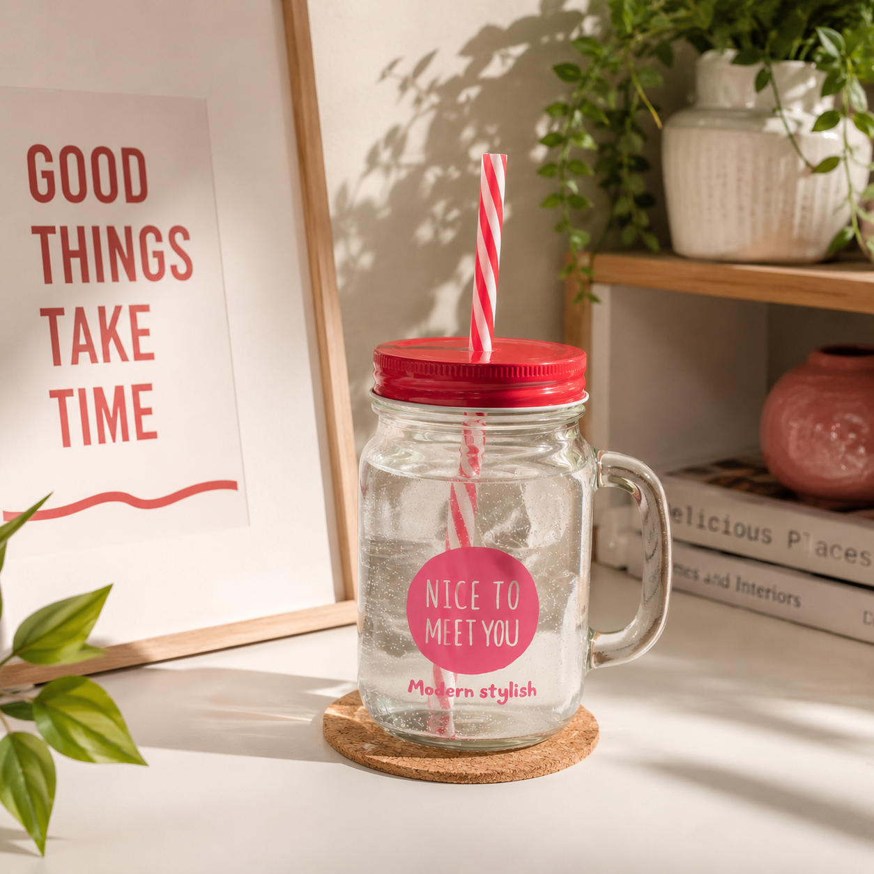 Vaso mason jar de vidrio con tapa y sorbete