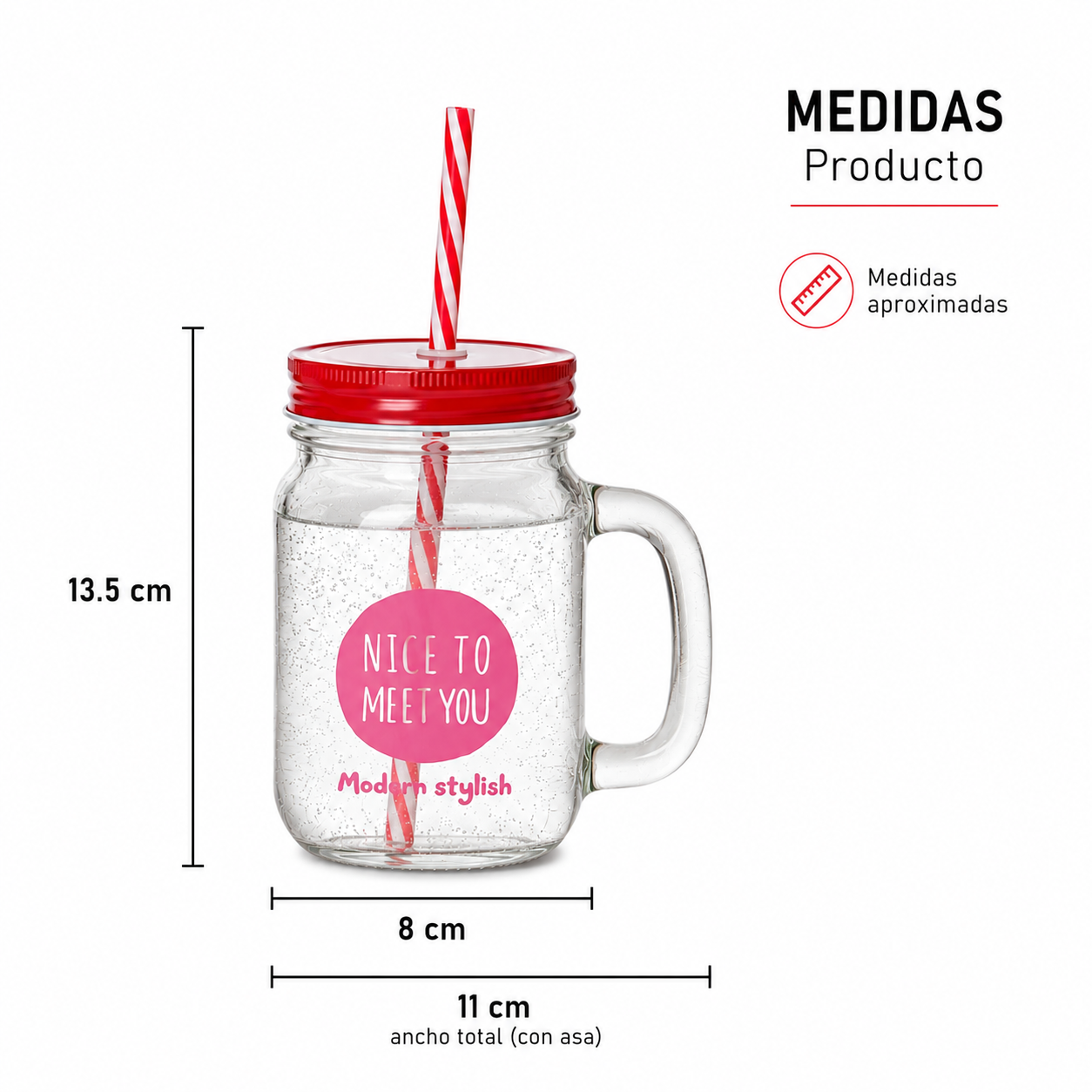Vaso mason jar de vidrio con tapa y sorbete
