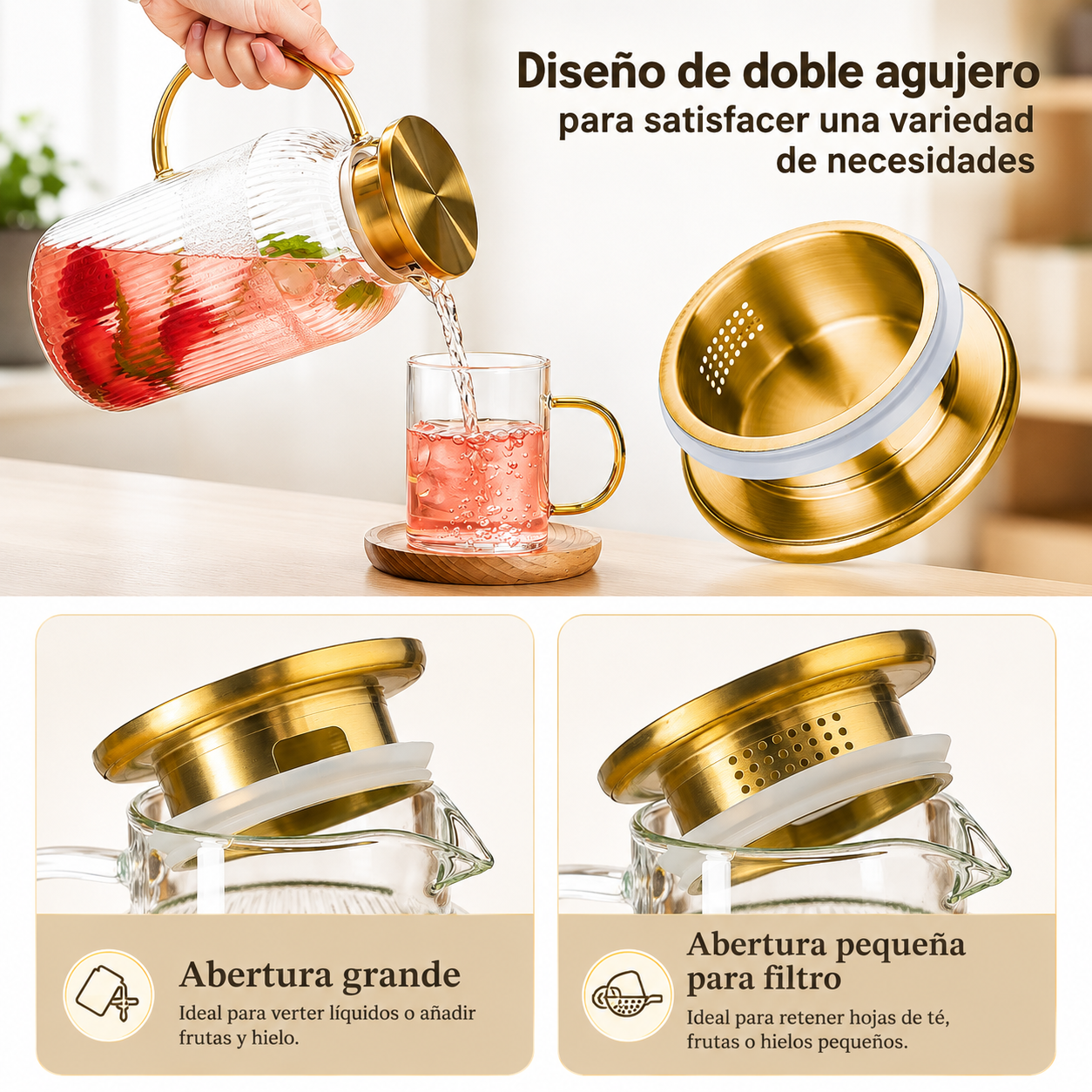 Jarra de vidrio premium con tapa dorada 1500ml