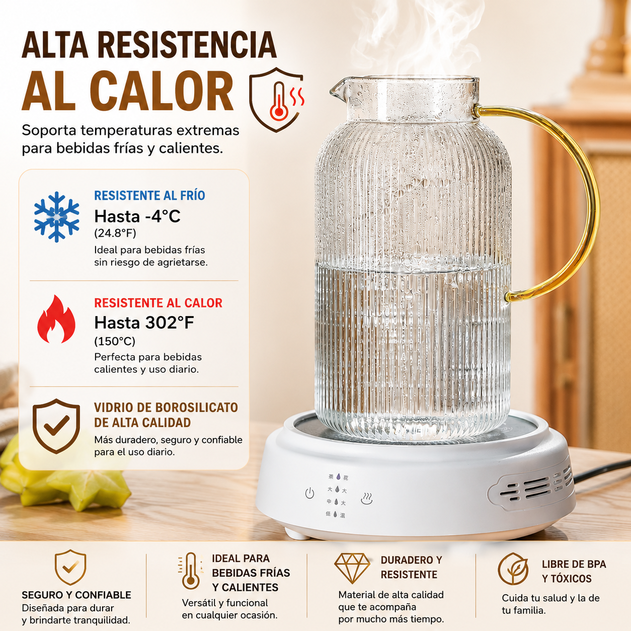 Jarra de vidrio premium con tapa dorada 1500ml