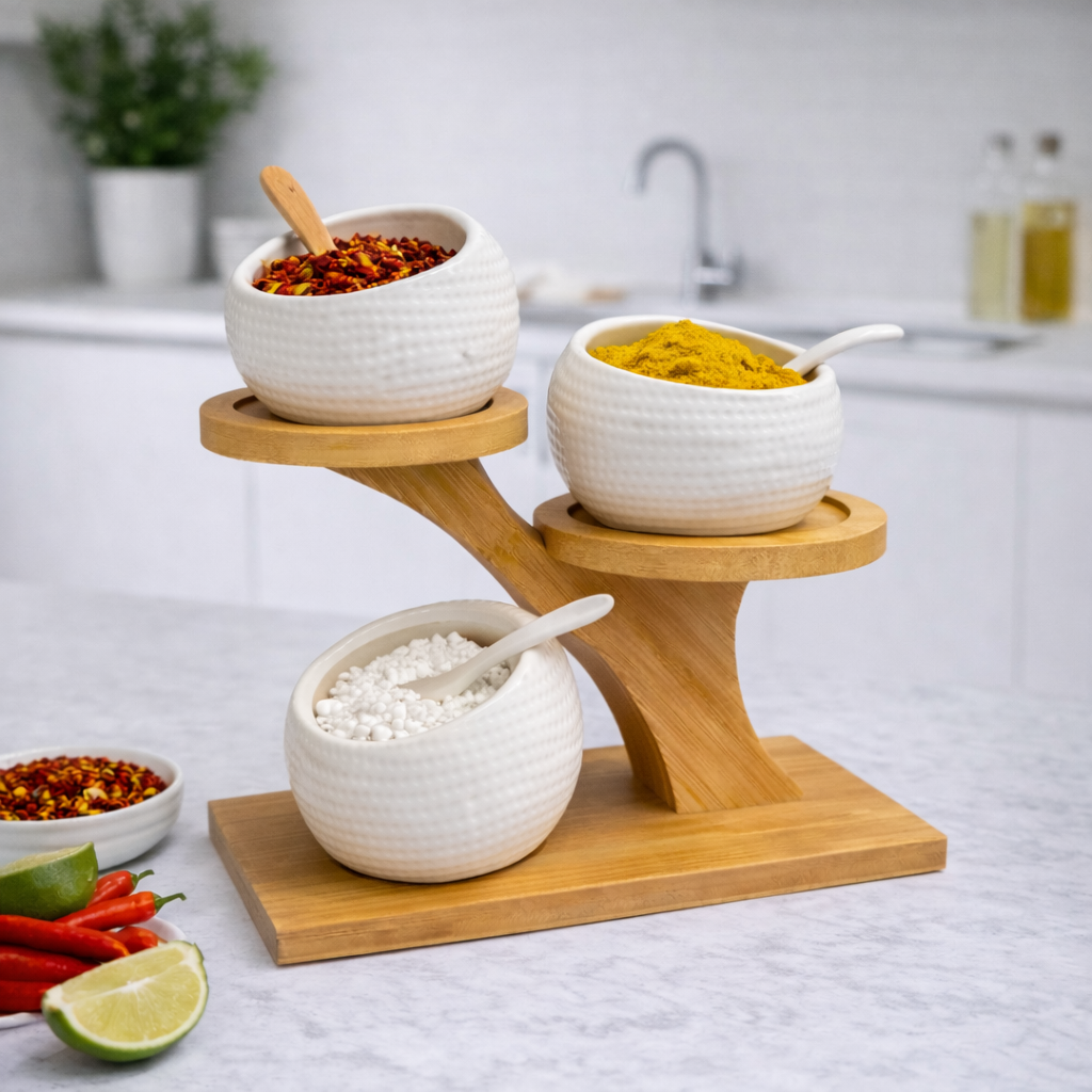 Set de Condimentos de Cerámica con Base de Bambú