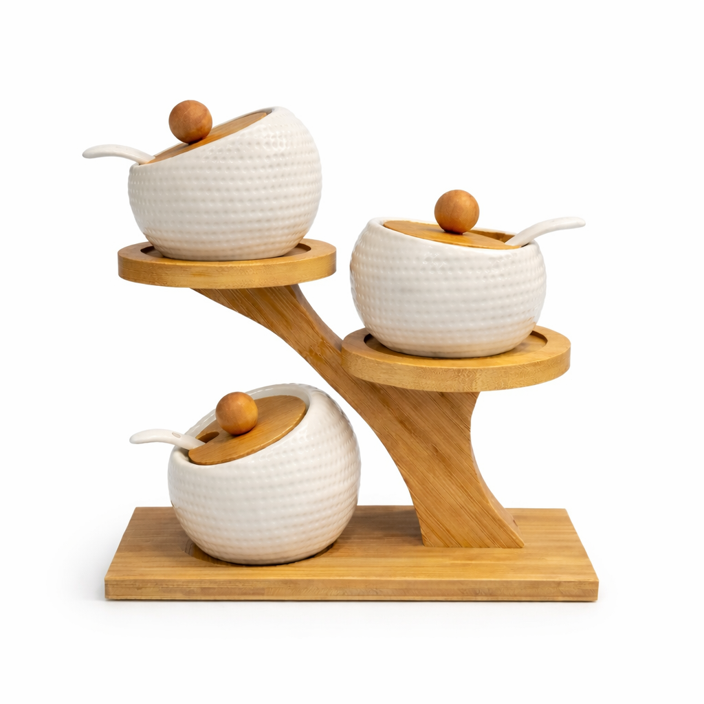 Set de Condimentos de Cerámica con Base de Bambú