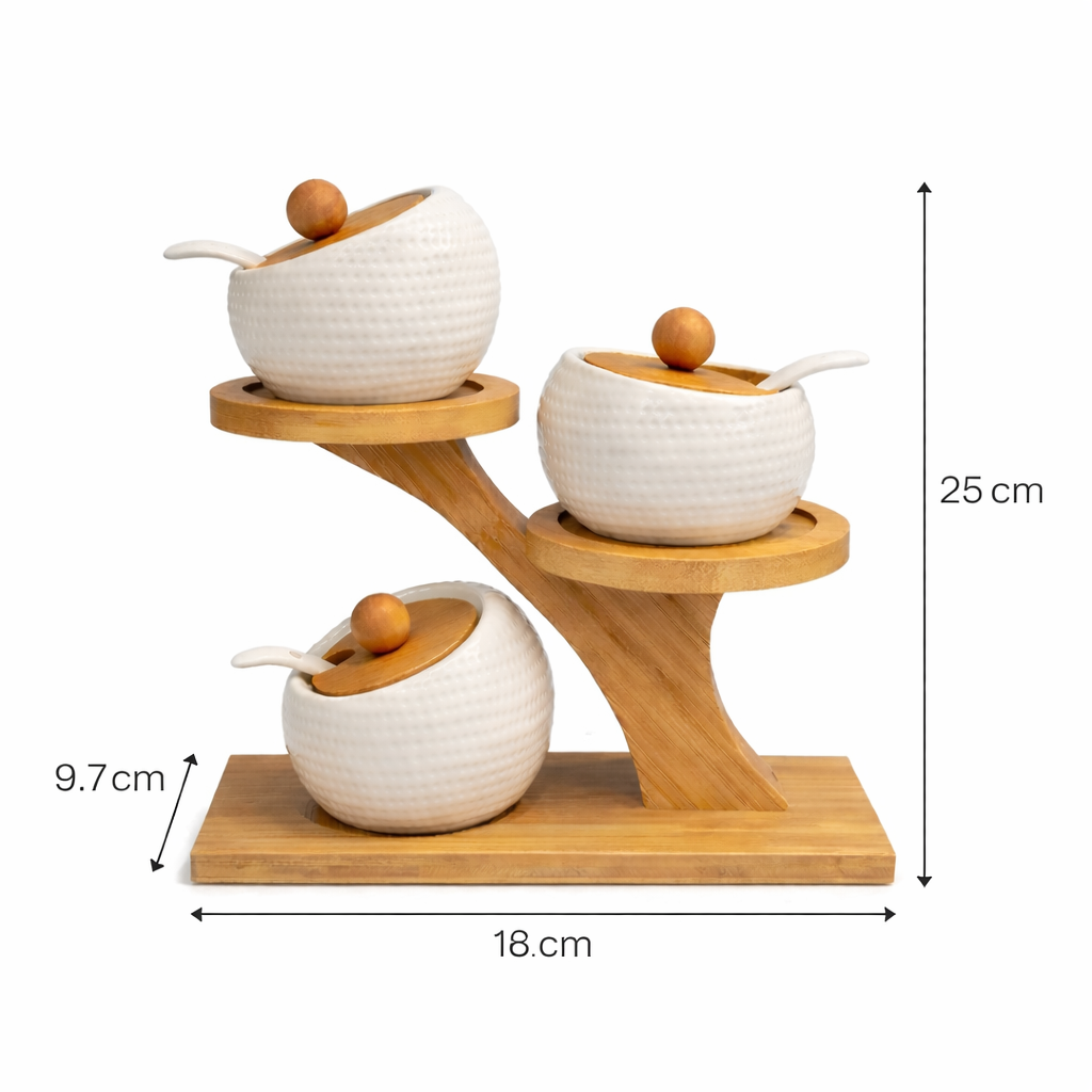 Set de Condimentos de Cerámica con Base de Bambú