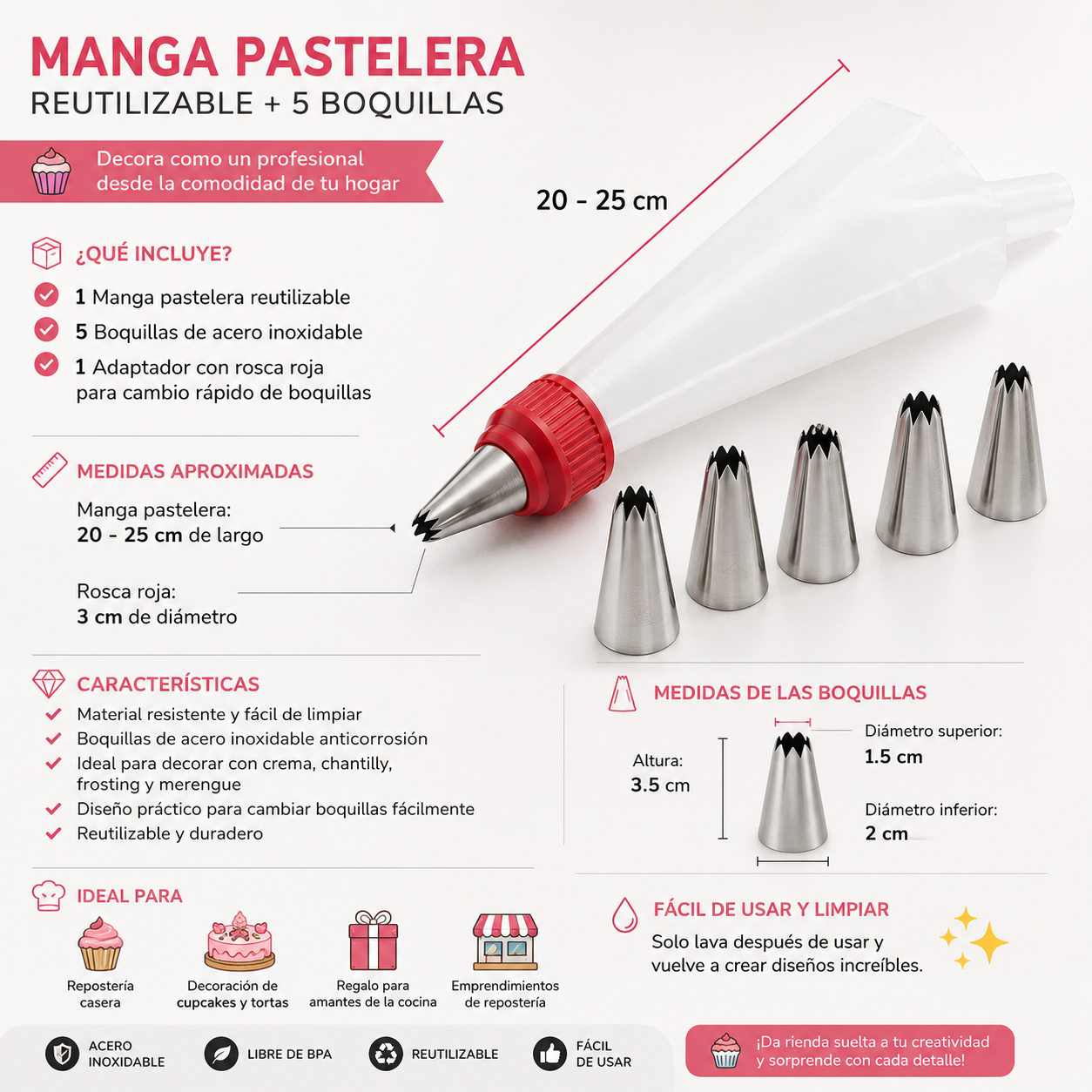 Manga Pastelera Reutilizable + 5 Boquillas de Acero Inoxidabl