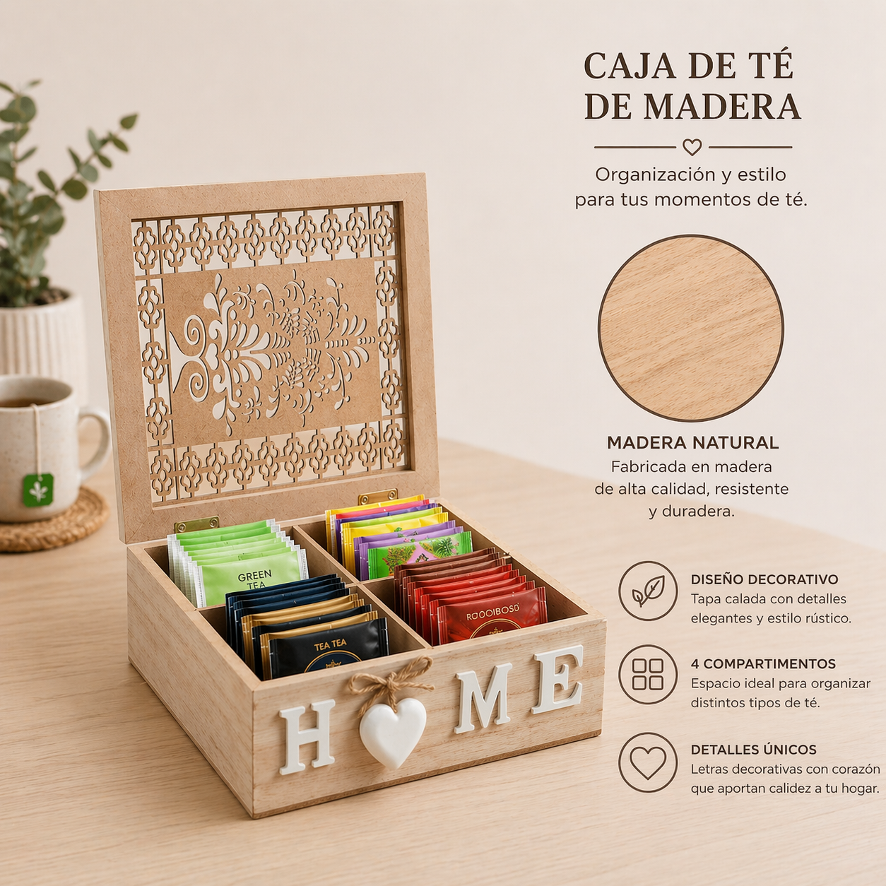 Caja Organizadora de Té de Madera HOME