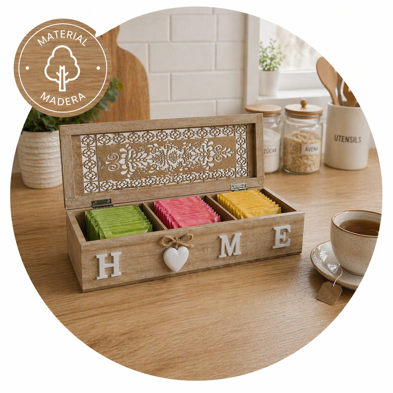 Caja Organizadora de Té “HOME” de Madera 3 espacios