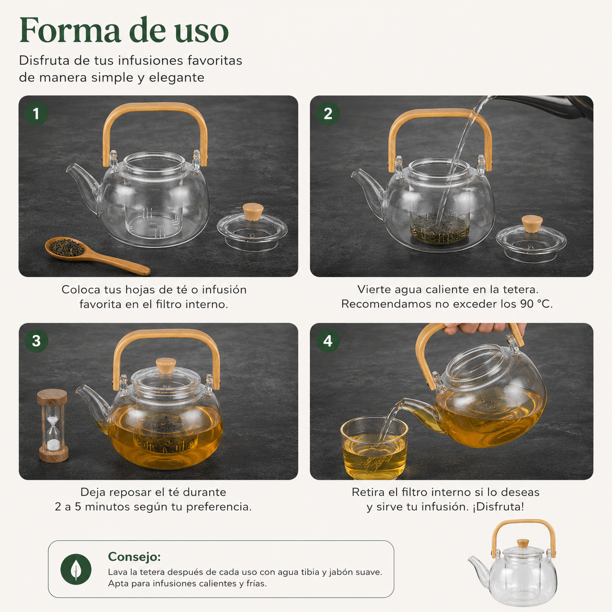 Tetera de borosilicato y asa de bambú