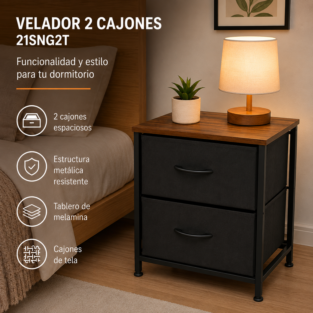 Velador Multifuncional de 2 Cajones