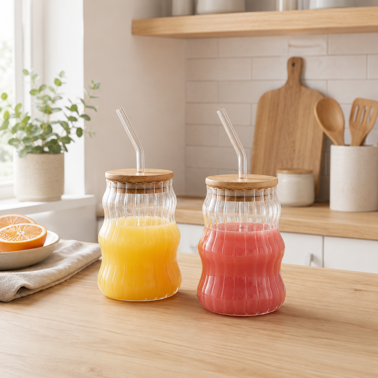 Vaso de Vidrio Borosilicato con tapa de bambú y sorbete 500ml