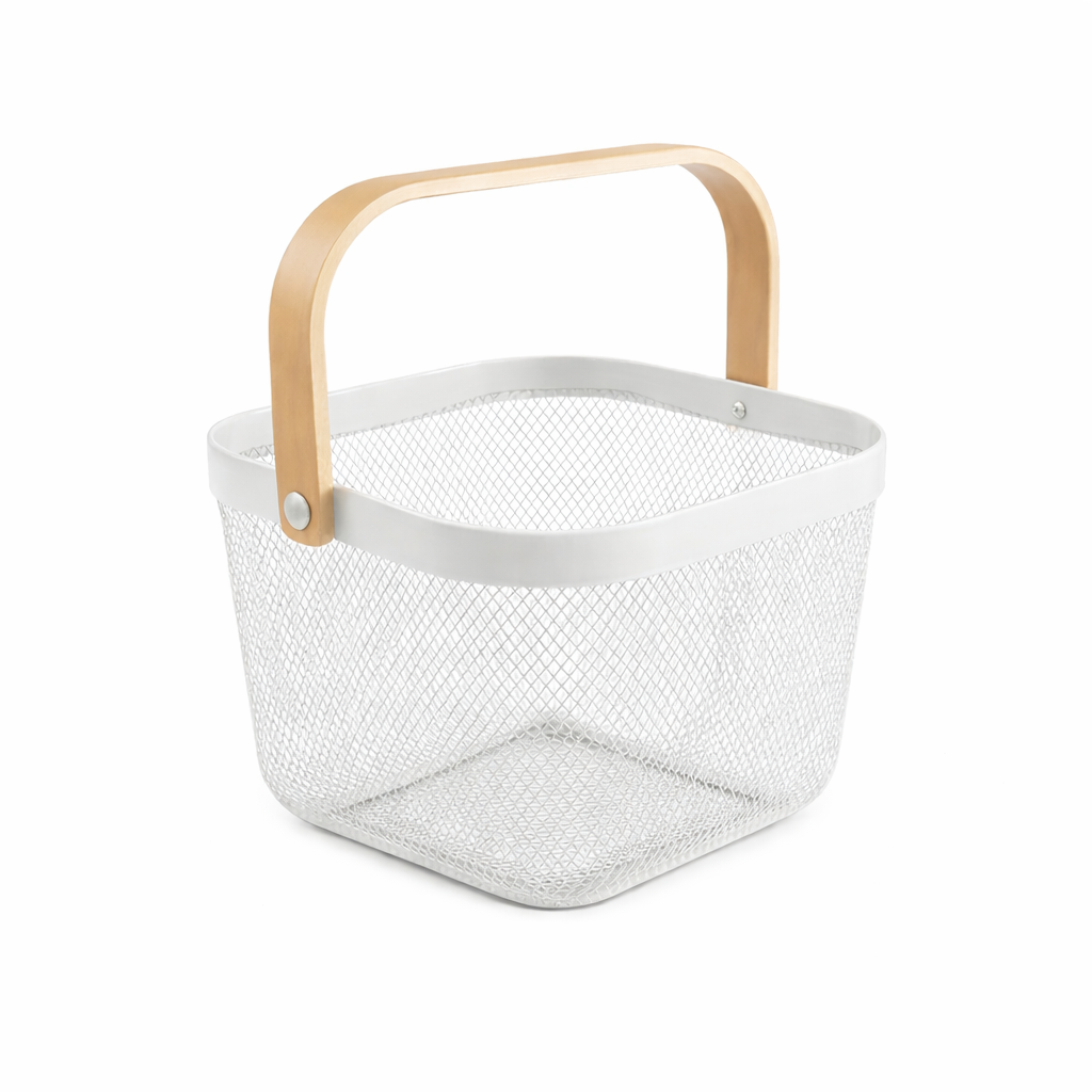 Canasta organizadora con asa de madera