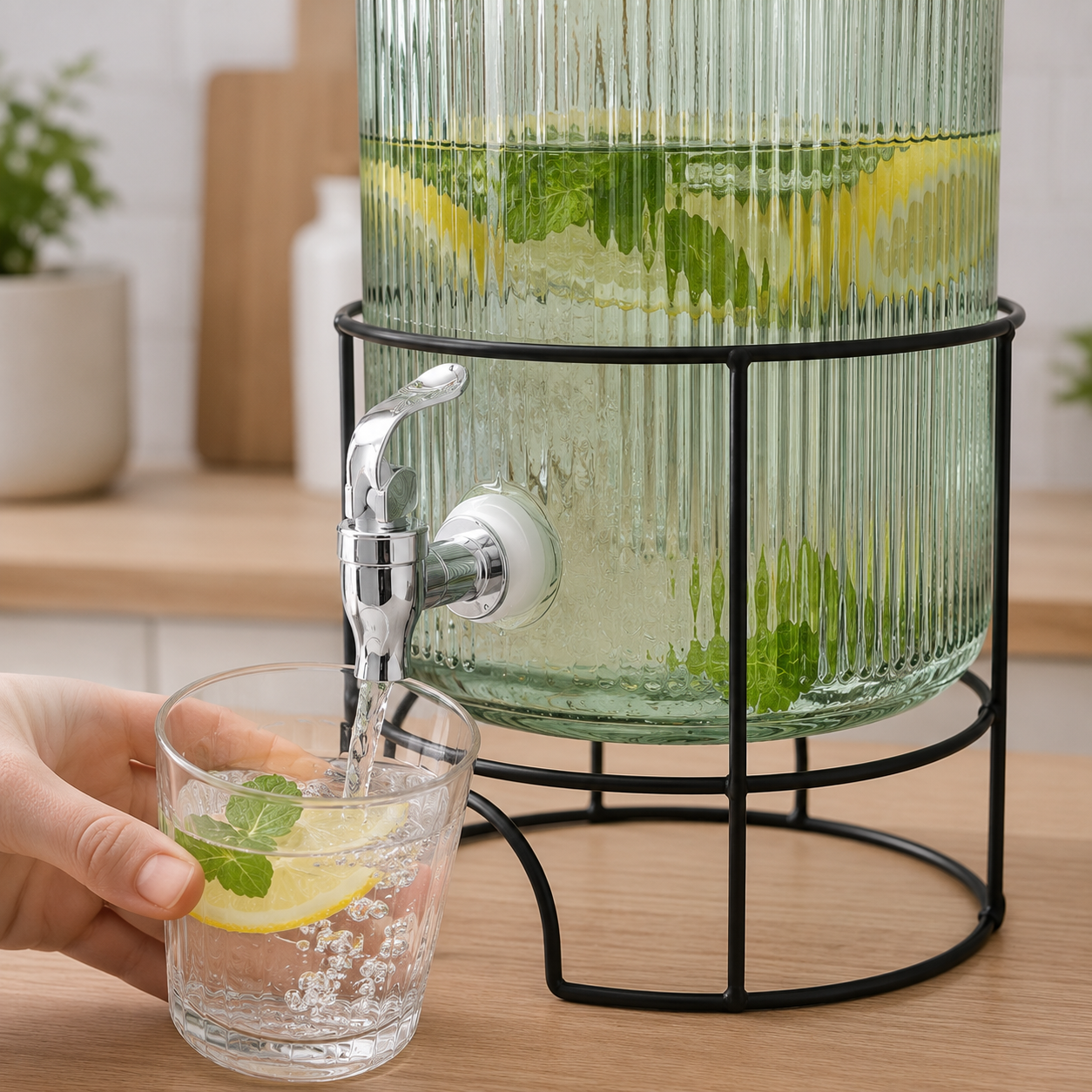 Dispensador de Bebidas de Vidrio con Base Metálica 8L