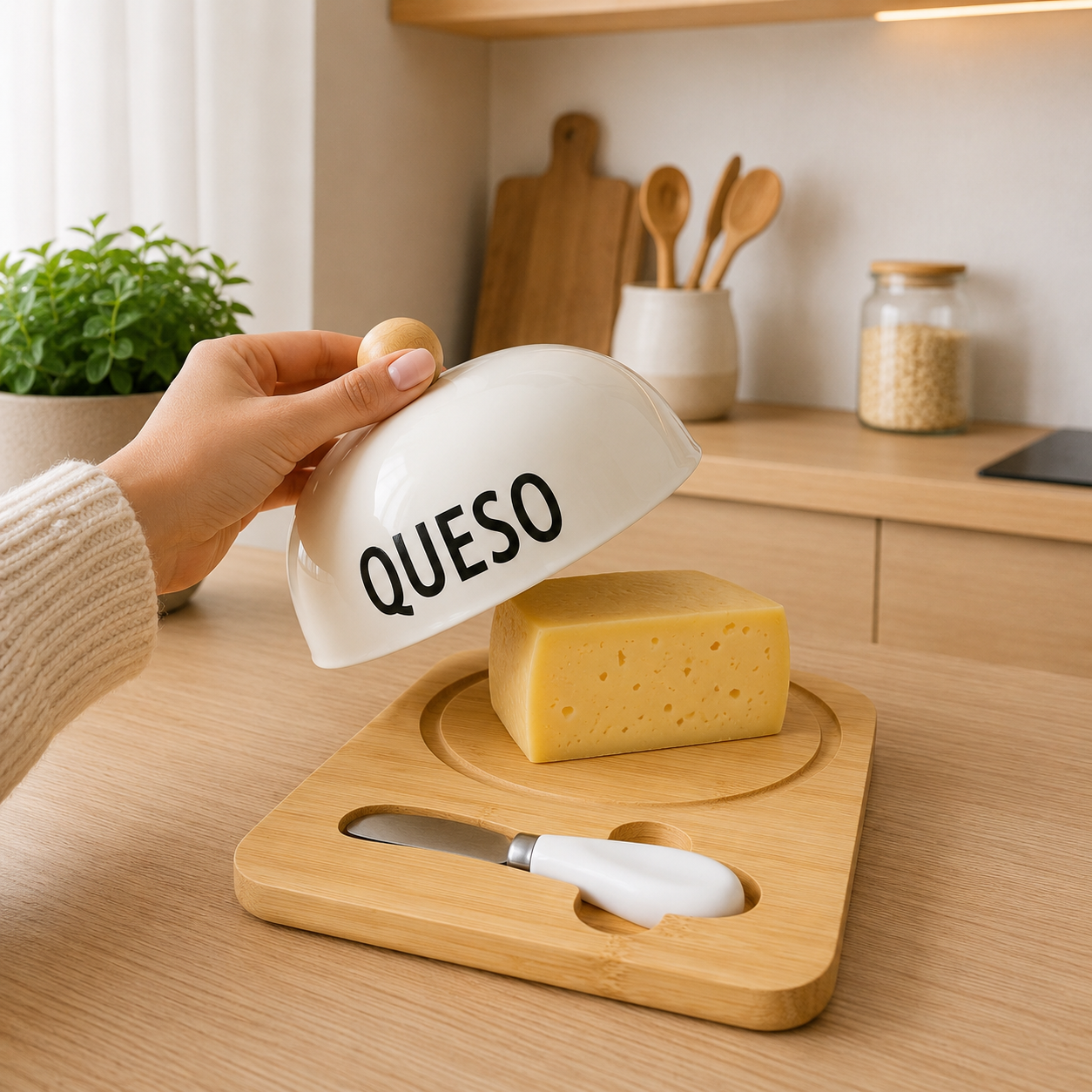 Quesera con Base de Bambú y Cuchillo